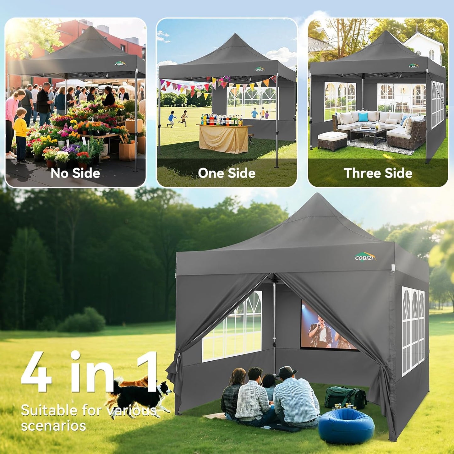 COBIZI 10x10 Pop up Canopy Tent Heavy Duty with 4 Sidewalls, Easy Set-up Commercial Outdoor Party Tent, 100% Waterproof Wedding Canopy Gazebo, 3 Height Adjustable with Wheeled Bag,Dark Gray