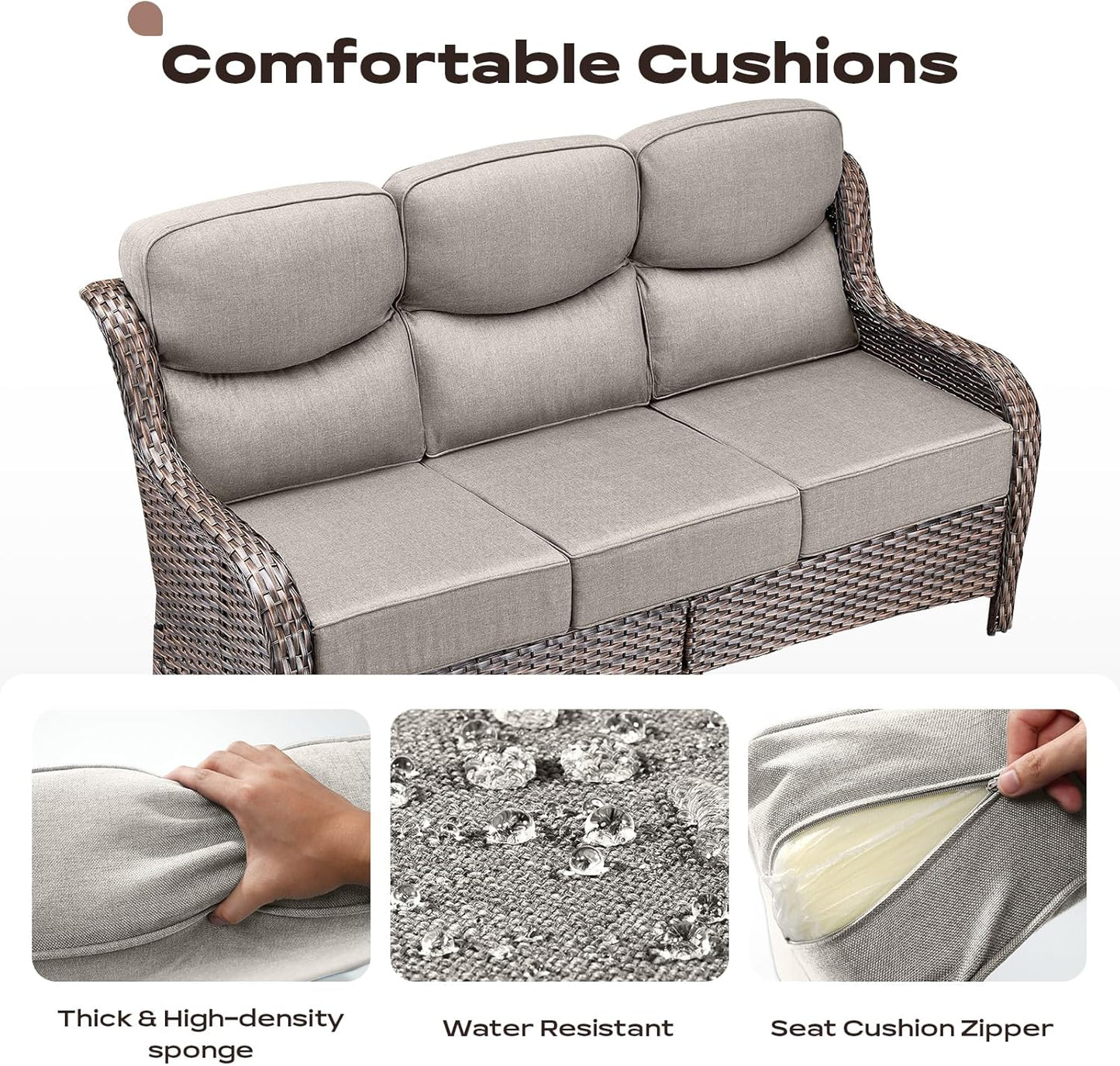 Wicker Outdoor Patio Furniture Set - 6 Piece Patio Conversation Sets with Swivel Rocker Chairs, Ottomans, Sofa and Table, 6 inch Cushions, Deep Seating, for Porch Deck Brown/Beige