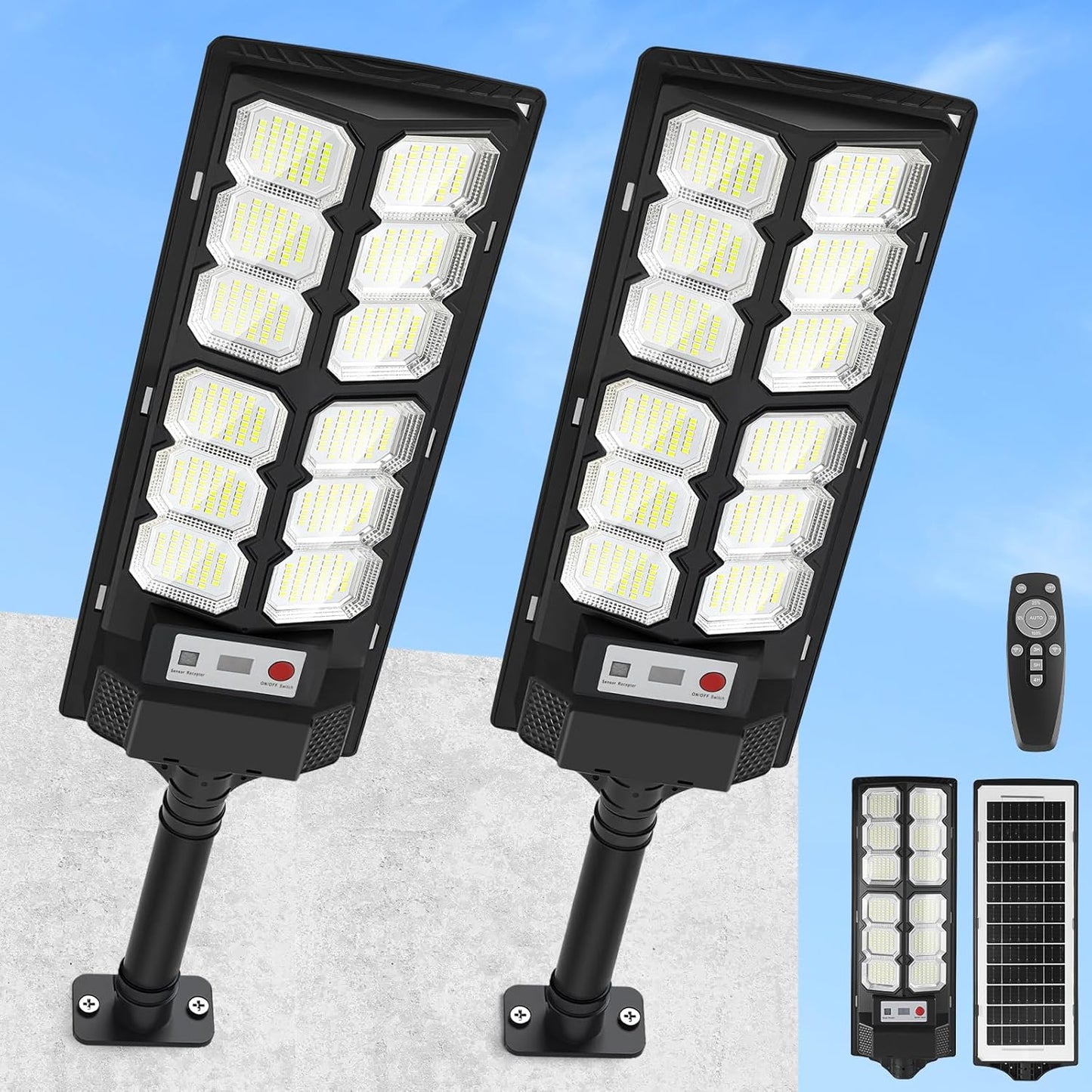 2 Pack Solar Street Lights Outdoor Waterproof 6500K 13000LM LED Solar Flood Lights Dusk to Dawn Parking Lot Light with Motion Sensor and Remote Control for Commercial Area Lighting Yard