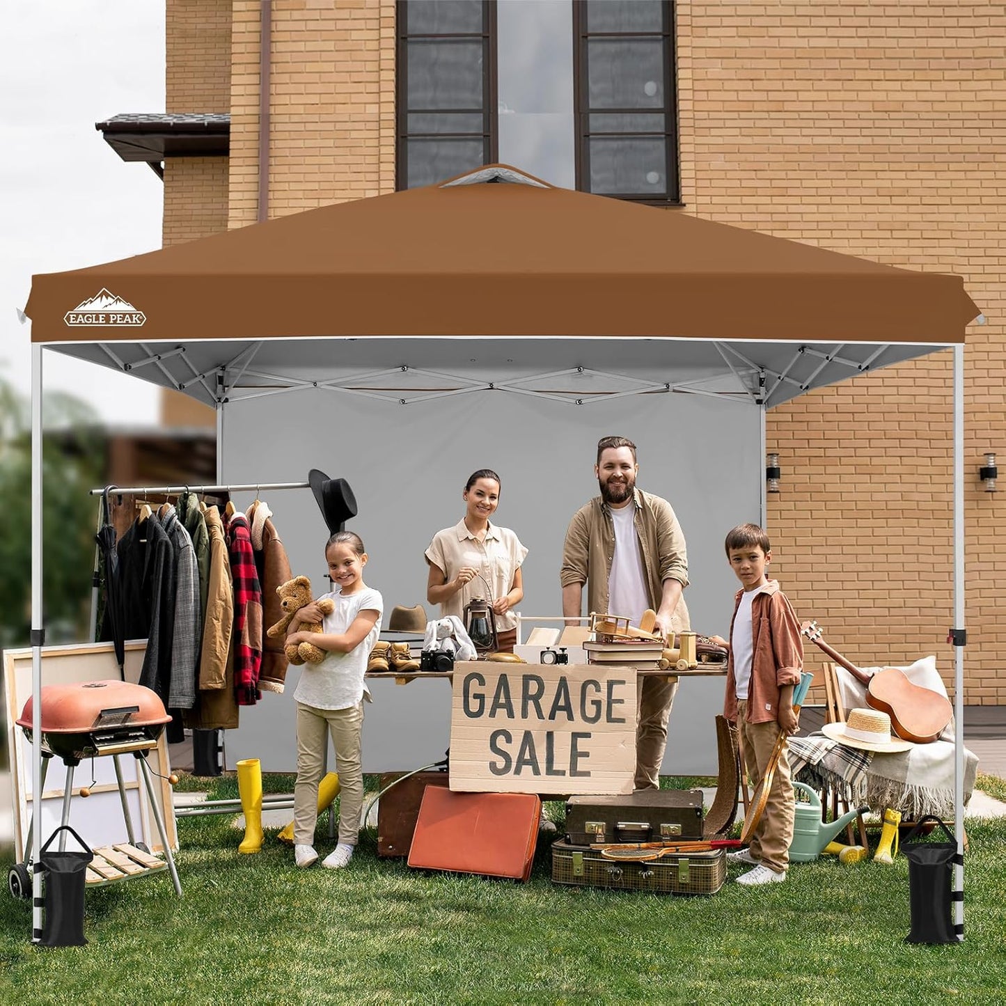EAGLE PEAK Pop Up Canopy Tent with 1 Sidewall, Easy Setup Event Tent, Outdoor Sun Shade, Wheeled Carry Bag, Stakes and Guy Ropes, Instant Canopy 10x10, Khaki