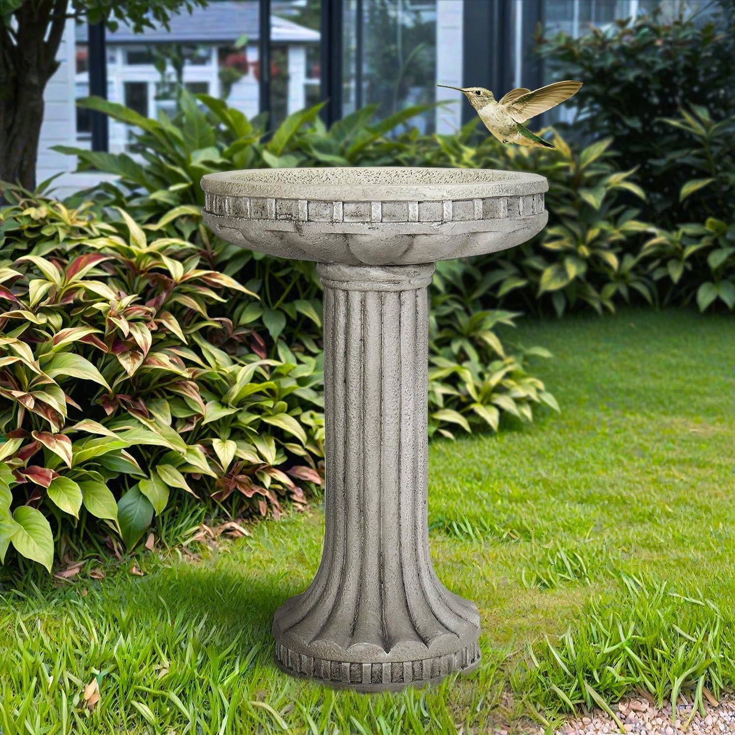 SunJet 24” H x 16” Dia Outdoor Birdbath with Classical Pedestal - Fibre Reinforced Concrete Birdbaths, Vintage Design for Garden Decor & Bird Attraction