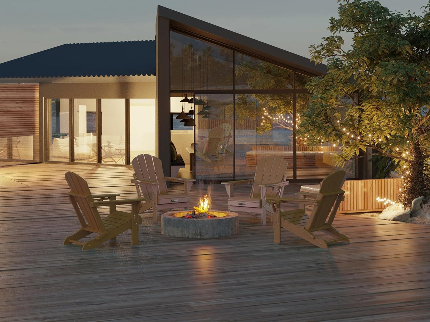 MUCHENGHY Folding Adirondack Chairs and Table Set, Outdoor Chair, Adirondack Chair Plastic, Fire Pit Chair, Weather Resistant with Cup Holder for Deck, Backyard, Garden(Teak, 3-Piece)