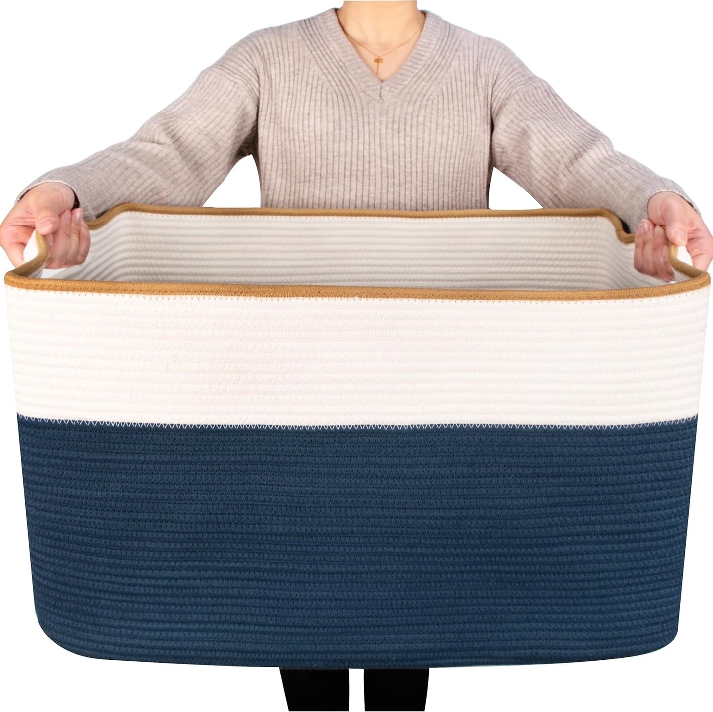 MINTWOOD Design 22in Extra Large Blanket Basket Holder Living Room, Rectangle Rope Woven Storage Basket with Handles for Laundry, Pool Towels, and Shoes, Dog Toy Organizer Bin Box, Prussian Blue