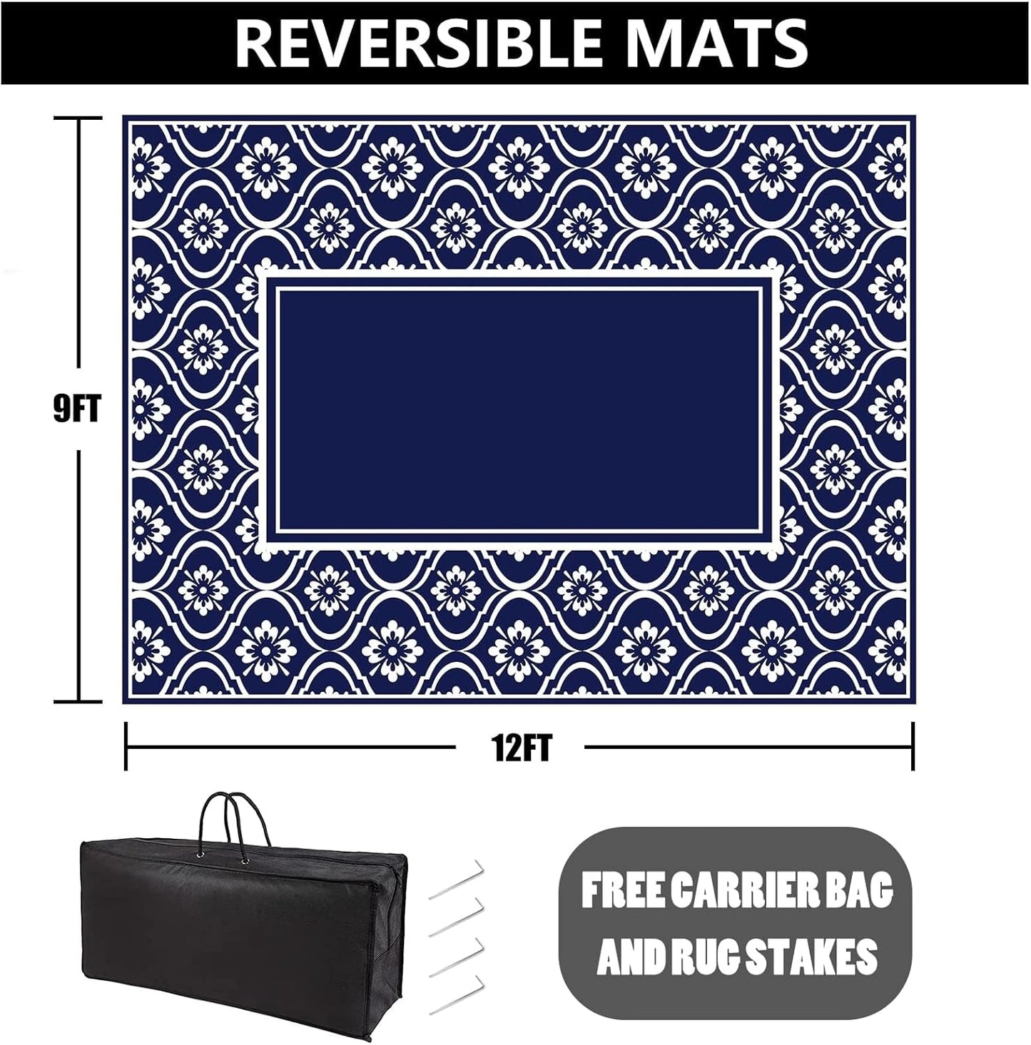 RV Outdoor Rug Waterproof Mat 9'x12' Camping Carpet Blue Outside Area Rugs Reversible Rugs for Deck Entryance Porch Picnic Balcony Beach
