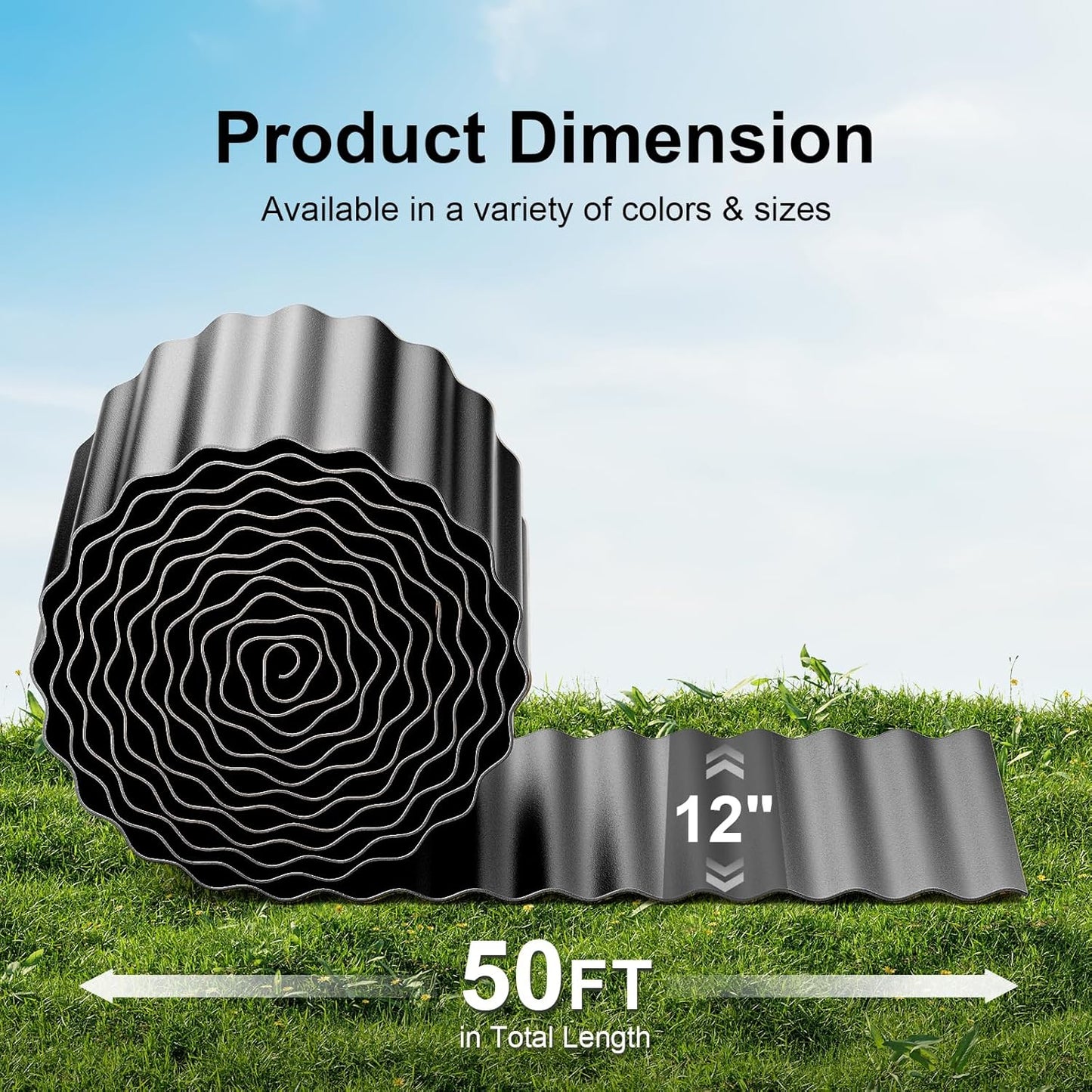 Land Guard Corrugated Garden Edging Border, 12" x 50' Landscape Paver Edging, Tall Landscape Edging, Fence for Garden, Flower Bed, Lawn and Landscape Edging (Glossy Black)