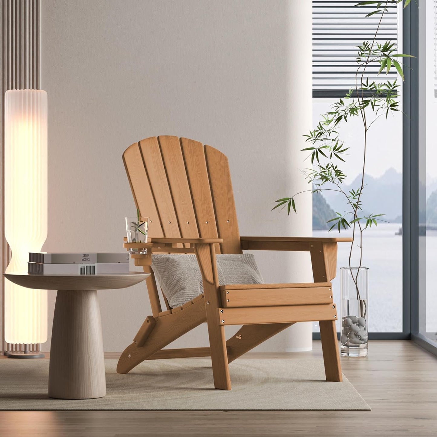 Folding Adirondack Chair - Extended Ergonomic Backrest, Cup Holder - Easy Assembly - Durable HDPE Plastic, Weather Resistant & Maintenance-Free - Lawn, Patio, Deck Supports 380lbs Teak