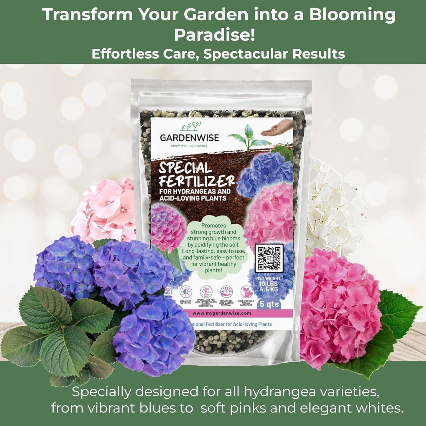 Slow Release Hydrangea Fertilizer with Iron & Sulfur – Indoor & Outdoor Soil Acidifier for Miracle Growth (4 qt)