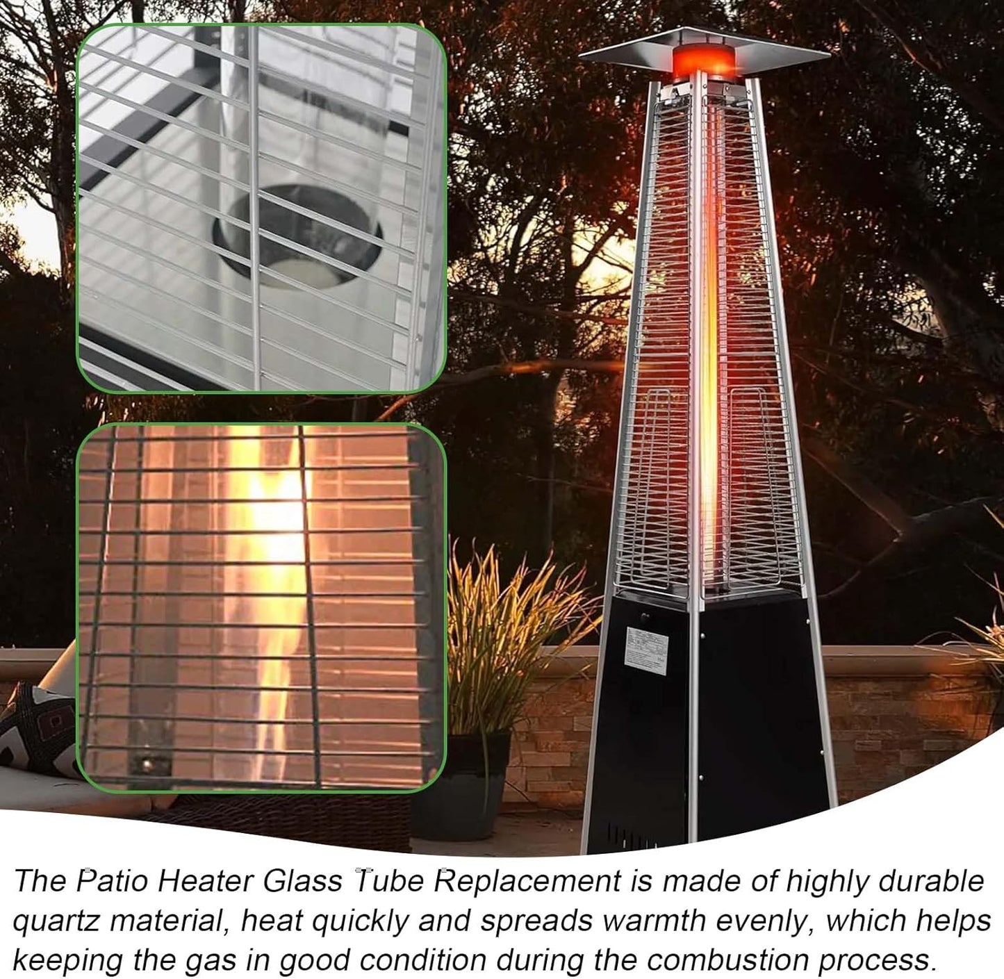 Patio Heater Glass Tube Replacement,49.5" Tall 4" Diameter with Silicone Connecting Ring Compatible with Four-Sided Pyramid Flame Outdoor Heater, Glass Tube Patio Heater for Hiland, Fire Sense