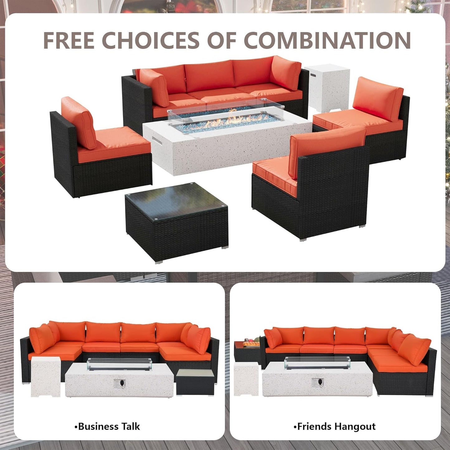 8 Piece Patio Furniture Set - Outdoor Conversation Sets with 56" Fire Table and Coffee Table, Rattan Modular Sofa Set for Garden/Poolside, Orange/Black