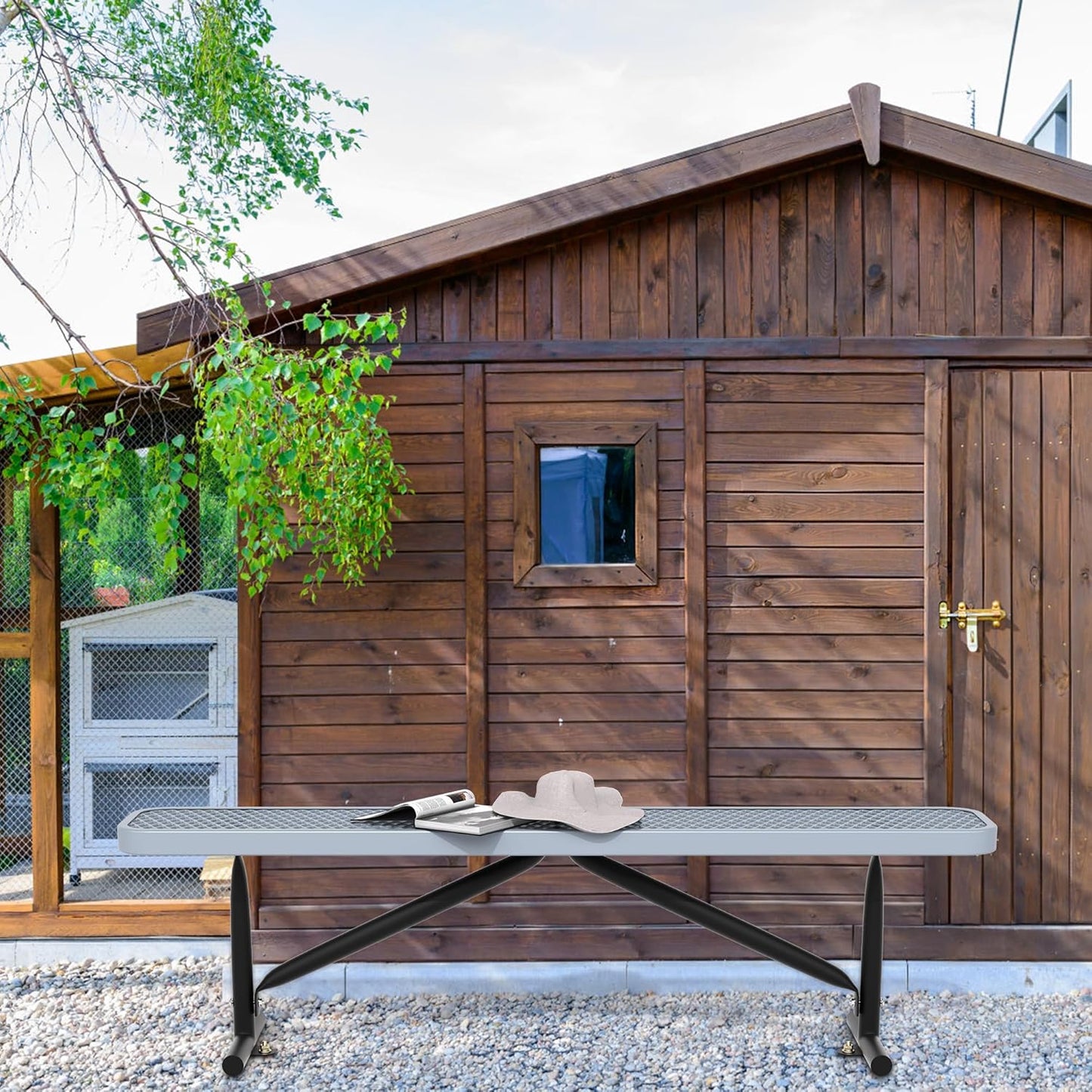 6 Feet Heavy Duty Metal Park Bench for Outside, Outdoor Bench with Portable Frame, Commercial Benches for Shopping Mall, Store, Park, Patio, Deck, Grey