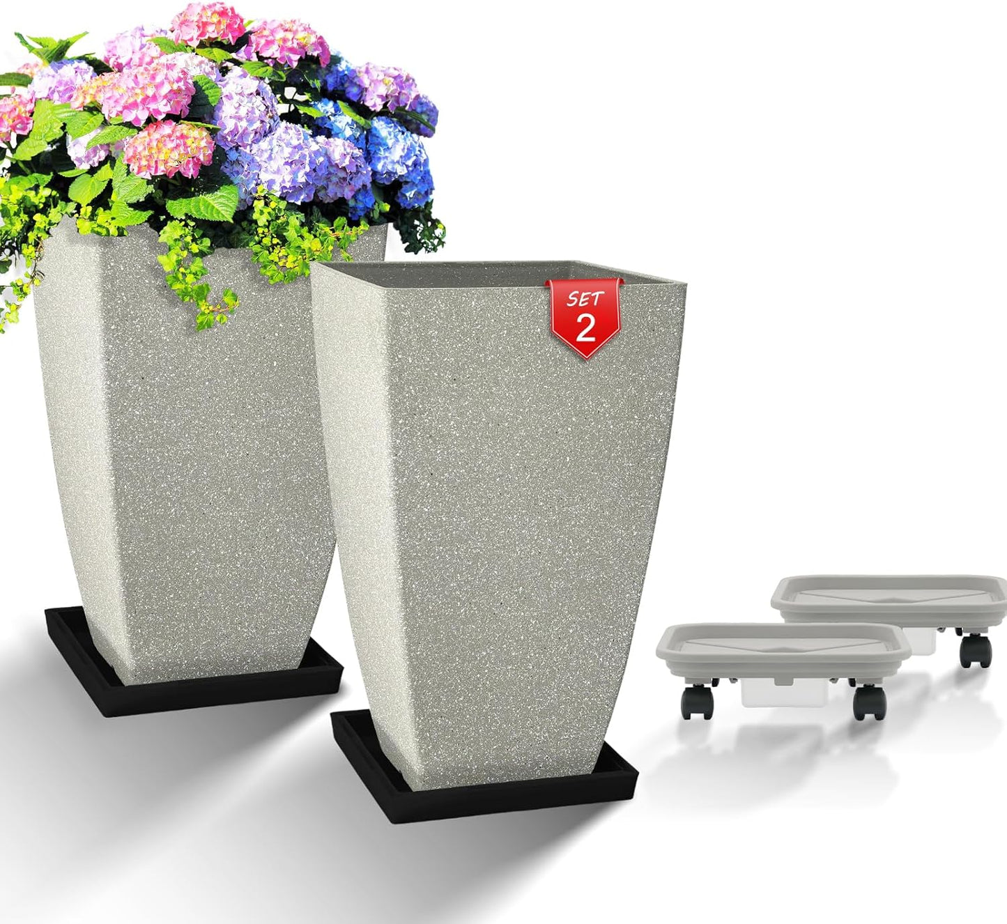 Set of 2 Large Tall 21 Inch Planter Pots Indoor/Outdoor-Matte Grey Square Flower Planters with Tray for Patio, Front Door, Deck | Weather-Resistant & Lightweight Plastic (Grey)