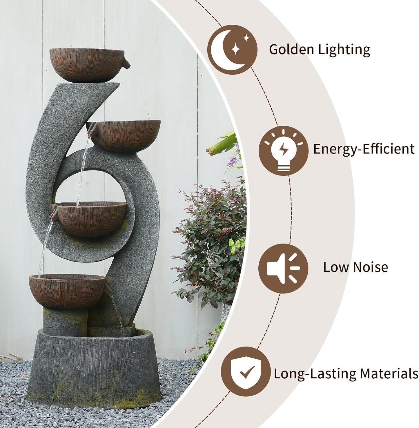 46.8''H Outdoor Water Fountains - 5-Tiered Garden Fountains Outdoor for Patio, Yard, Balcony, Porch, Modern Resin Waterfall Feature for Outside with Light, Cascading Bowl Water Feature Gray