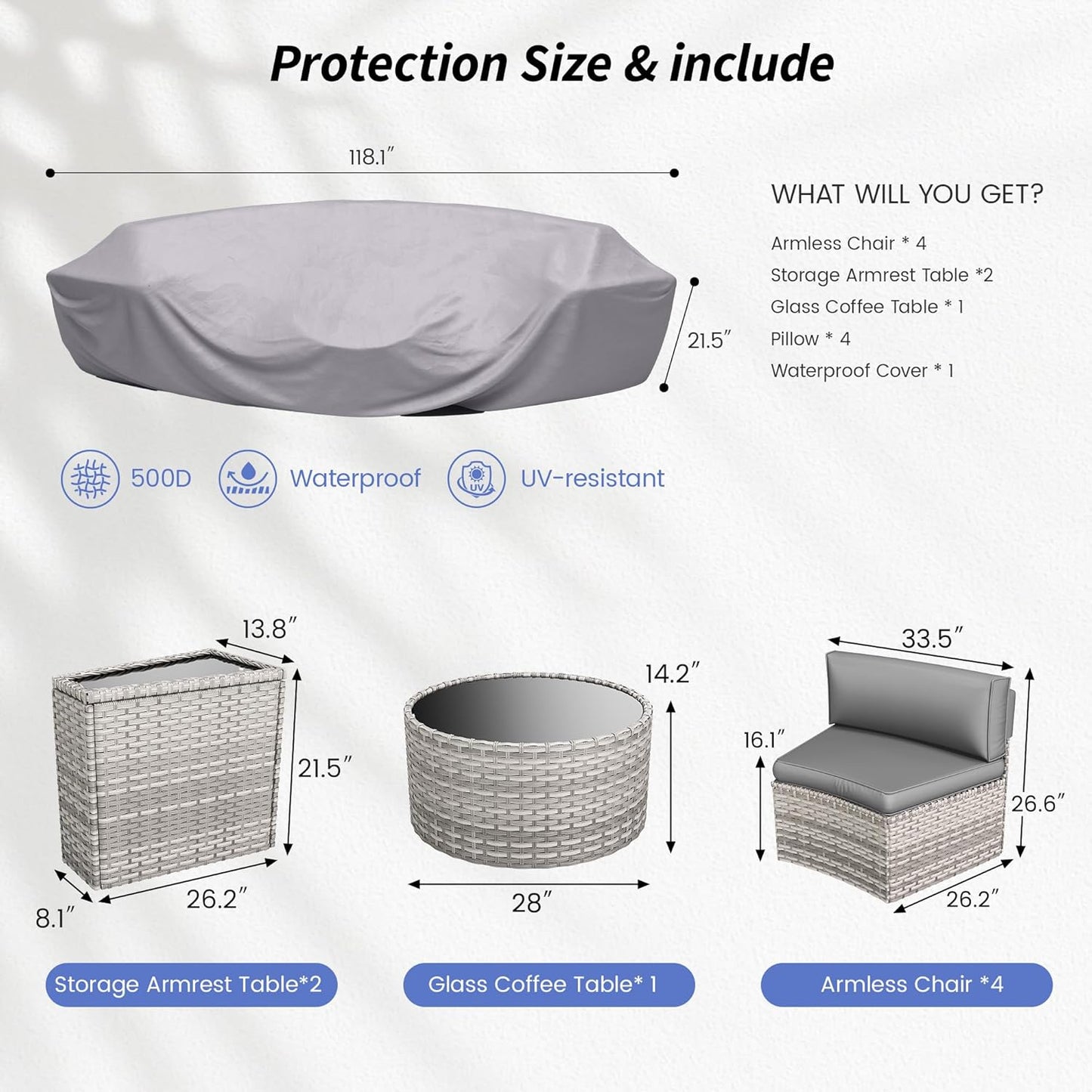 Patio Sectional Furniture Outdoor 7-Piece Grey Rattan Curved Sofa Set with Storage Table, Fit for Pool Backyard Balcony Porch Lawn (Grey)