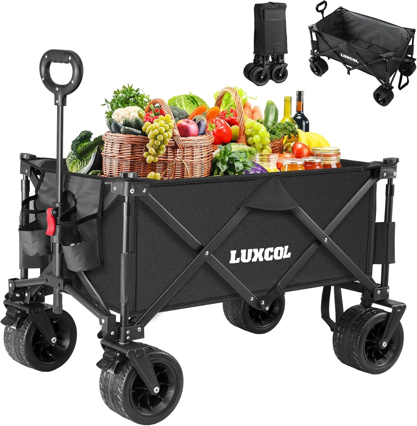 LUXCOL Collapsible Folding Wagon, Heavy Duty Utility Beach Wagon Cart for Sand with Big Wheels, Adjustable Handle&Drink Holders for Shopping, Camping,Garden and Outdoor