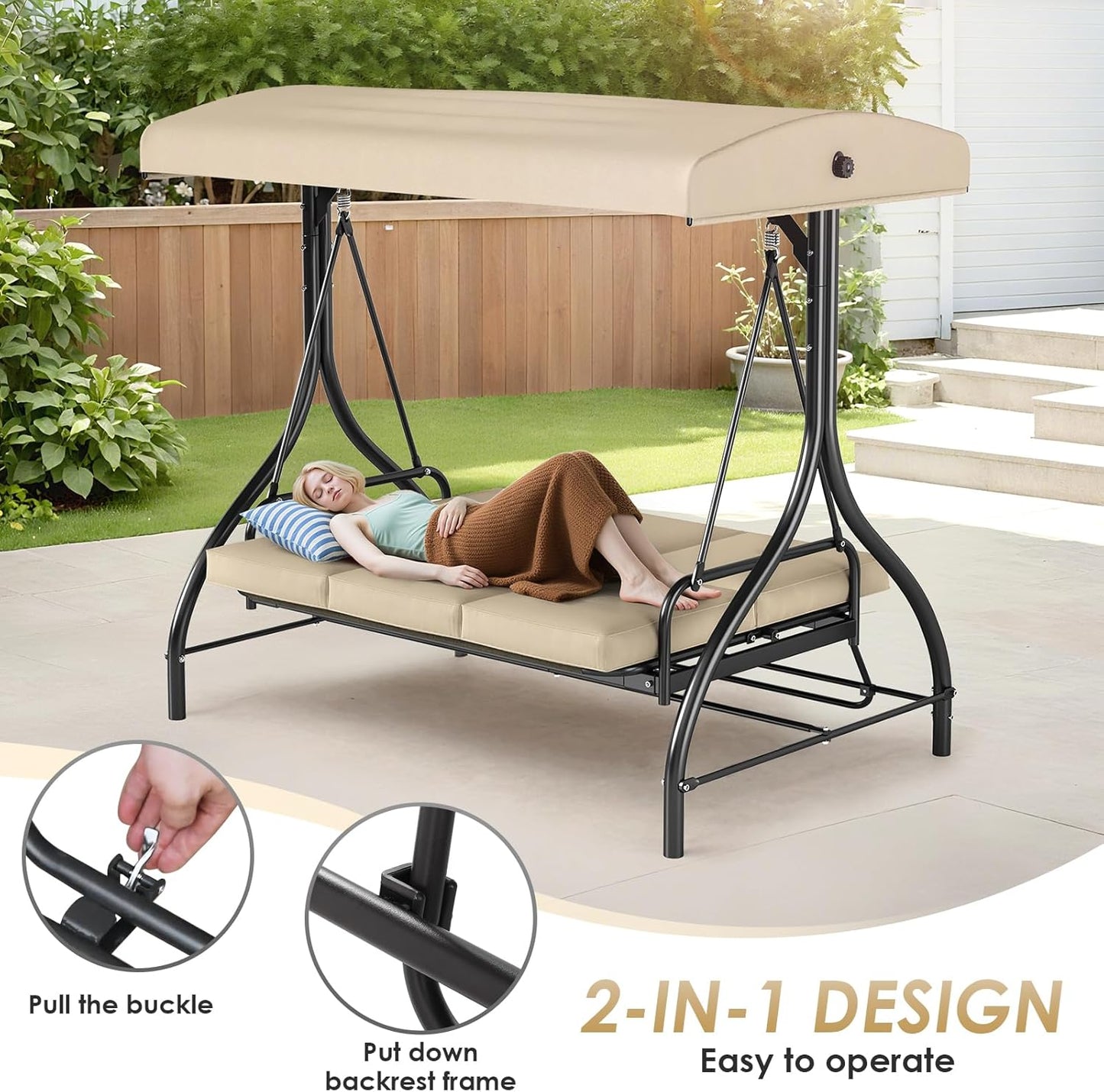 MAMIZO 3-Seat Patio Swing with Adjustable Canopy & Backrest, Outdoor Porch Swing Chair for Adults, Outside Porch Converting Bed Thickened Removable Cushions, 2mm Steel Pipe, for Garden, 750LBS (Beige)