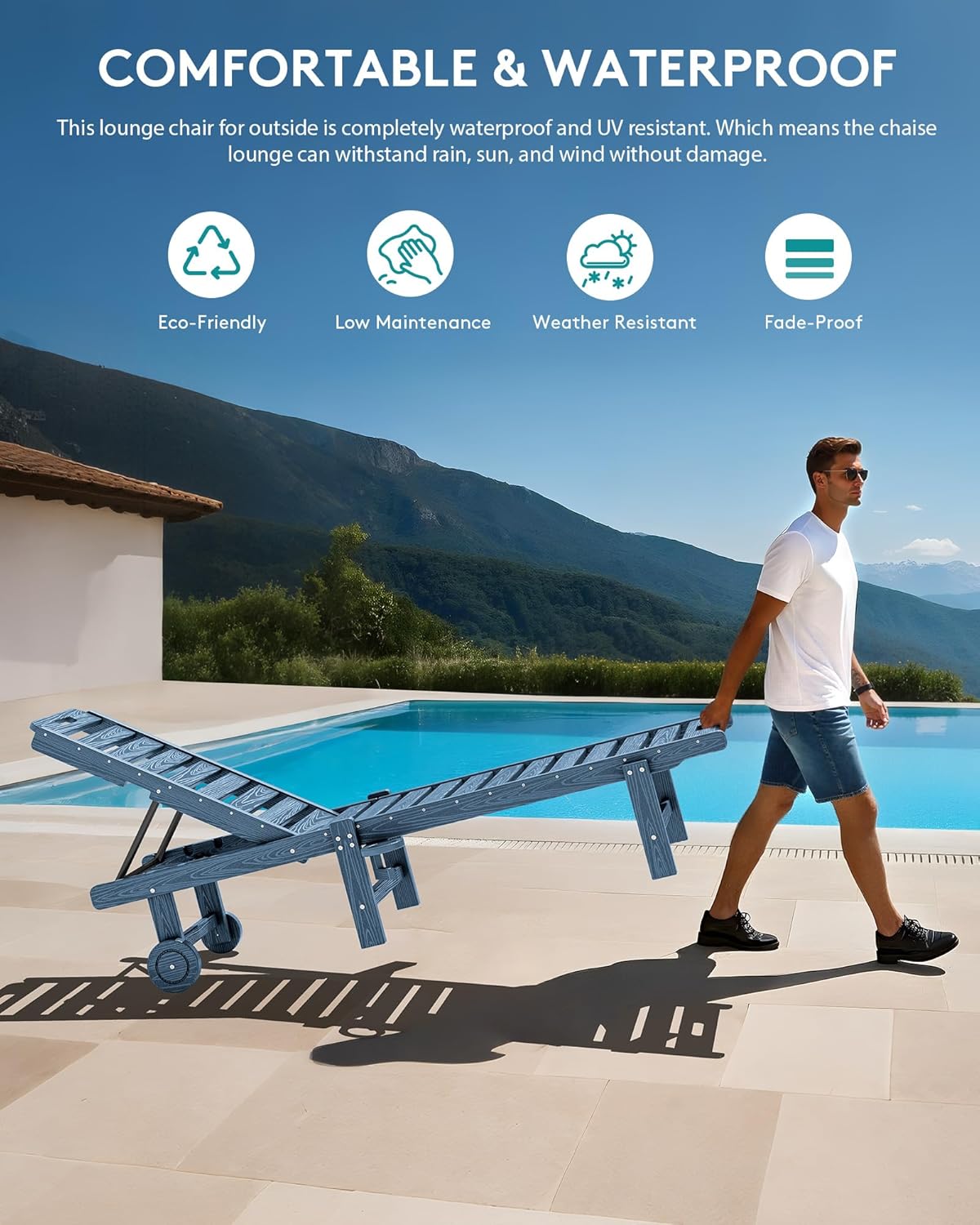 SERWALL Outdoor Chaise Lounge, 78" Length Patio Chaise Lounge Chair with 5 Positions Adjustable Backrest, HDPE Lounge Chair with Rolling Wheels & Cup Holder for Pool, Blue