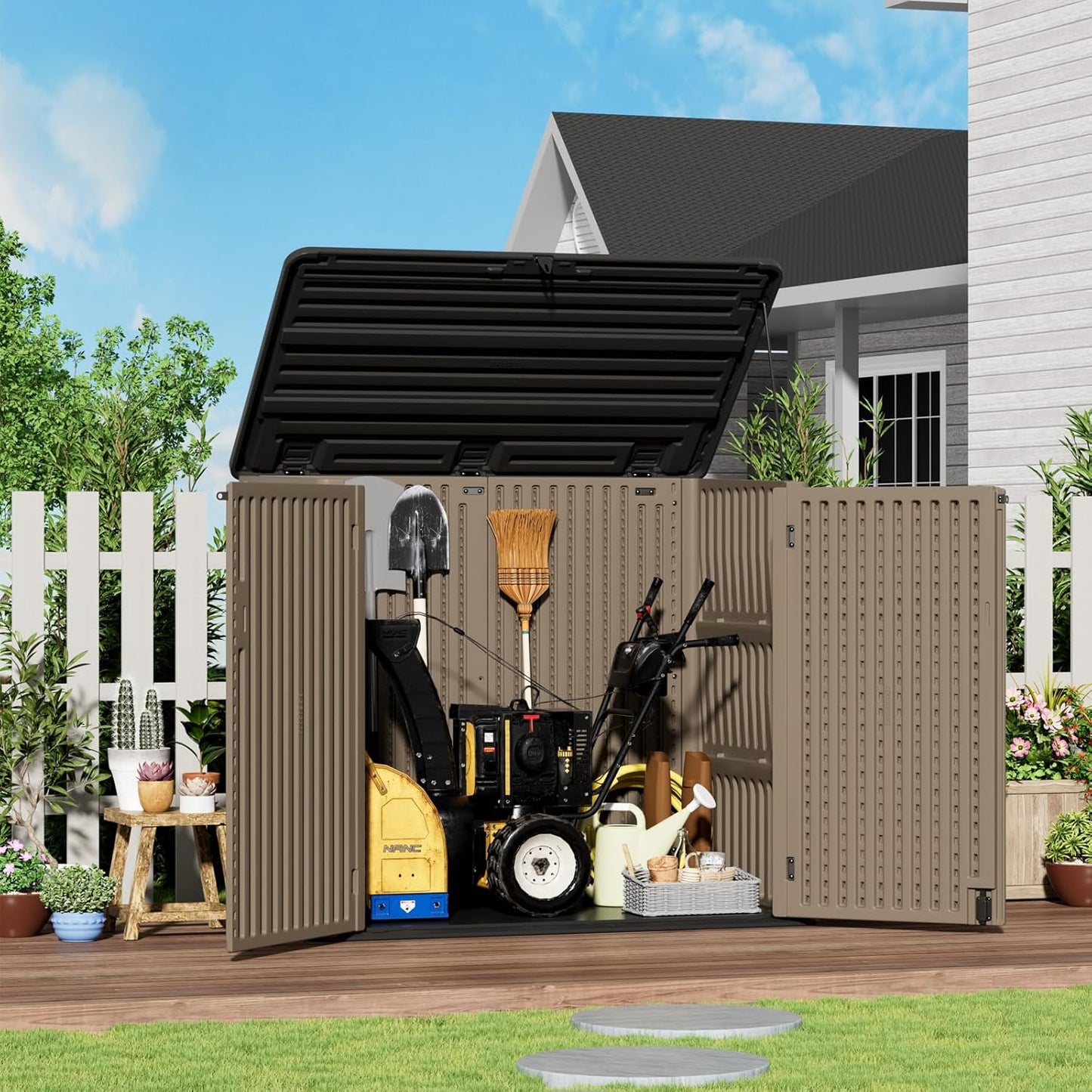 ZZM Large Outdoor Storage Shed, 48 Cu Ft Resin Versatile Storage Cabinet for Patio Accessories, Trash Cans & Garden Tools, Durable Horizontal Storage Box with Lockable Lid (Coffee)