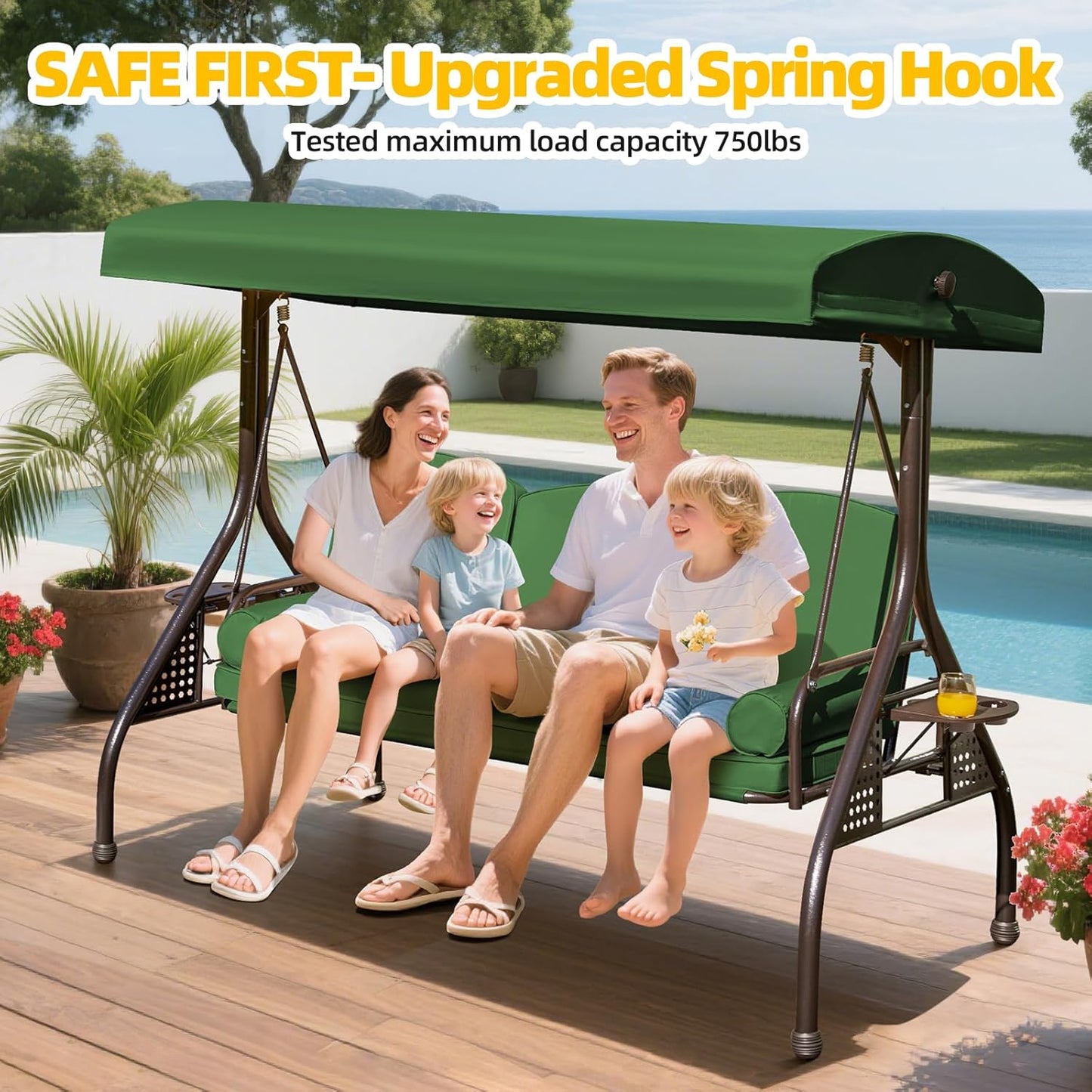 3-seat Patio Swing with Canopy,Convertible Outdoor Swing Bed with Thick Cushions, Pillows & Cup Holders, 3-Seat Outdoor Swings Chair for Backyard, Garden, Deck(Green)