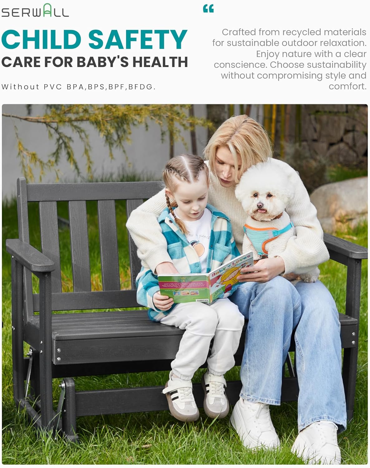 SERWALL Outdoor Glider Bench Set of 2, HDPE Weather-Resistant Swinging Bench for Backyard Garden Porch, Grey