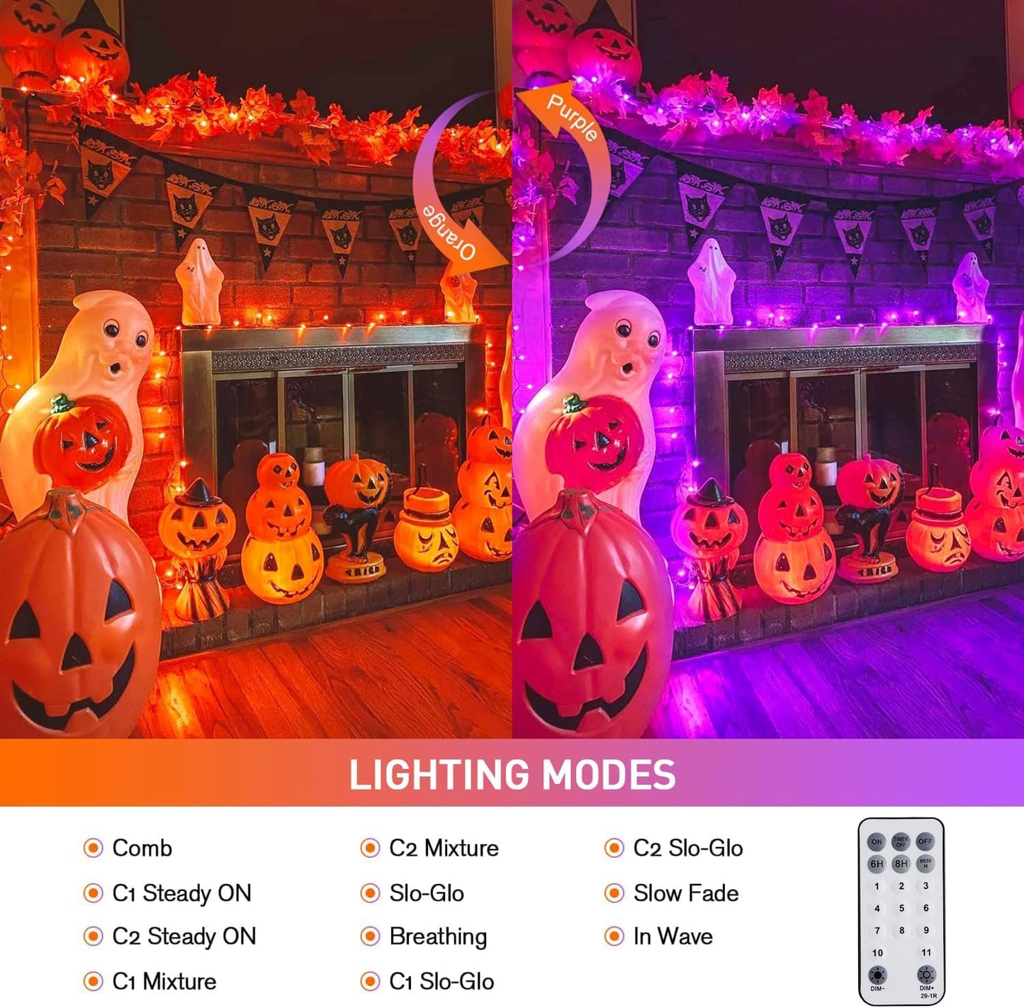 JMEXSUSS 100 LED Orange & Purple Halloween Lights - Plug in, Connectable Color Changing String Lights, 33ft Indoor/Outdoor for Halloween Party Decor & Christmas