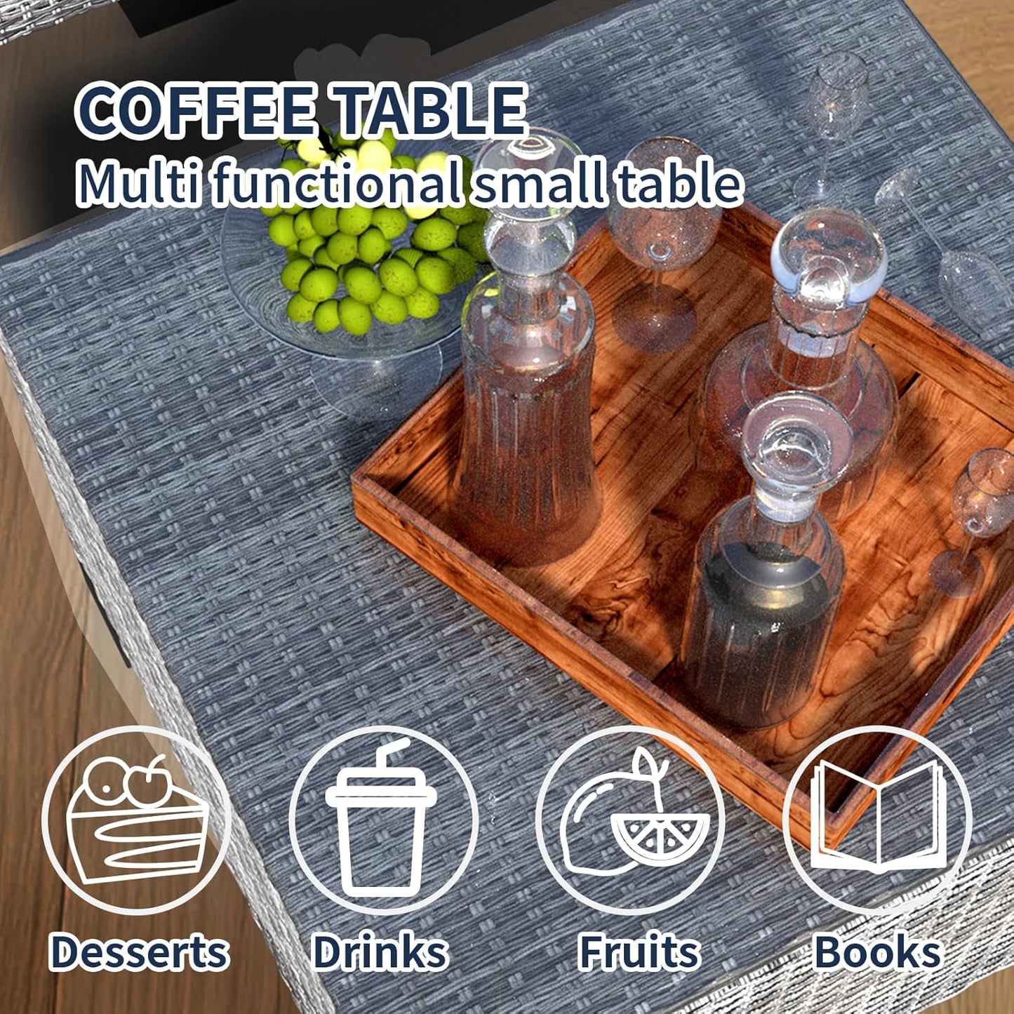 7 Piece Patio Furniture Set, Rattan Outdoor Patio Conversation Sets, Outdoor Sectional Furniture with Waterproof Cushion and Coffee Table, for Deck, Backyard, Garden, Peacock Blue-2