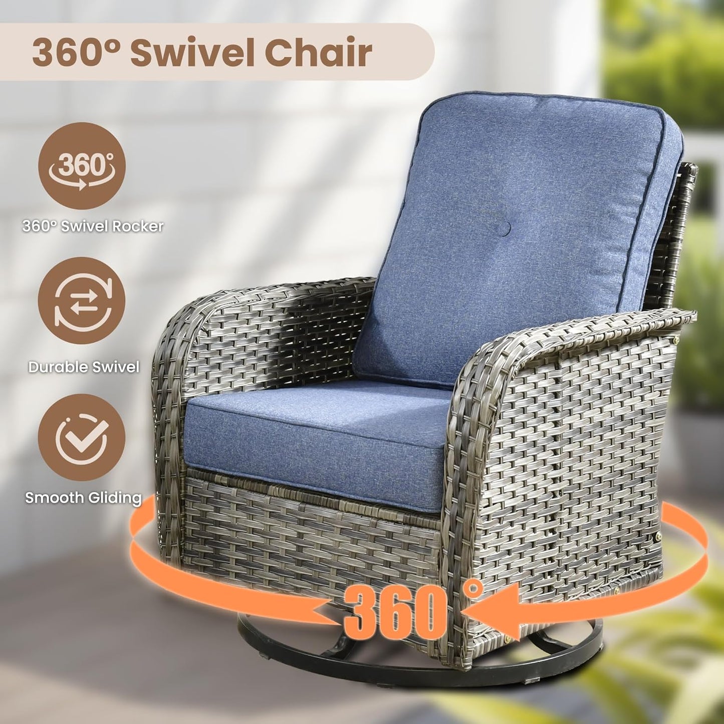 HOOOWOOO Patio Furniture Set,7 Pieces Outdoor Conversation Set,All Weather Wicker Loveseat Sofa Set with High Back Swivel Rocking Chairs Tables,Denim Blue