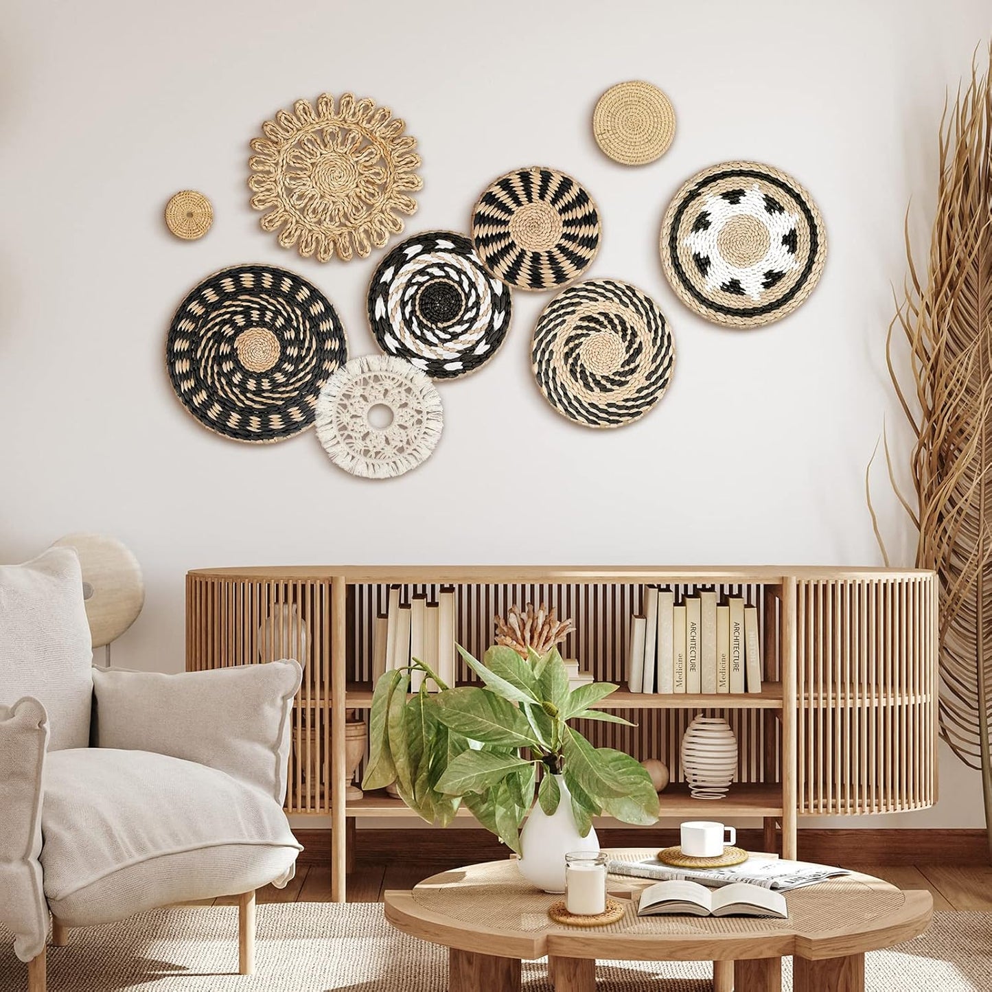 Tatuo 11 Pcs Boho Wall Basket Decor Decorative Bulrush Woven Basket Wall Decor Art Round Farmhouse Hanging Baskets for Kitchen Rustic Home Summer Decorations, Multi Sizes(Boho)