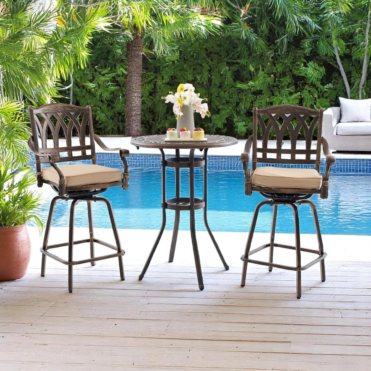 3 Piece Swivel Outdoor Table and Chairs Bar Set , All-Weather Cast Aluminum Outdoor High Top Patio Bar Set Bistro Set, High Swivel Stools with Cushions Umberlla Hole for Balcony, Poolside,Garden,Lawn