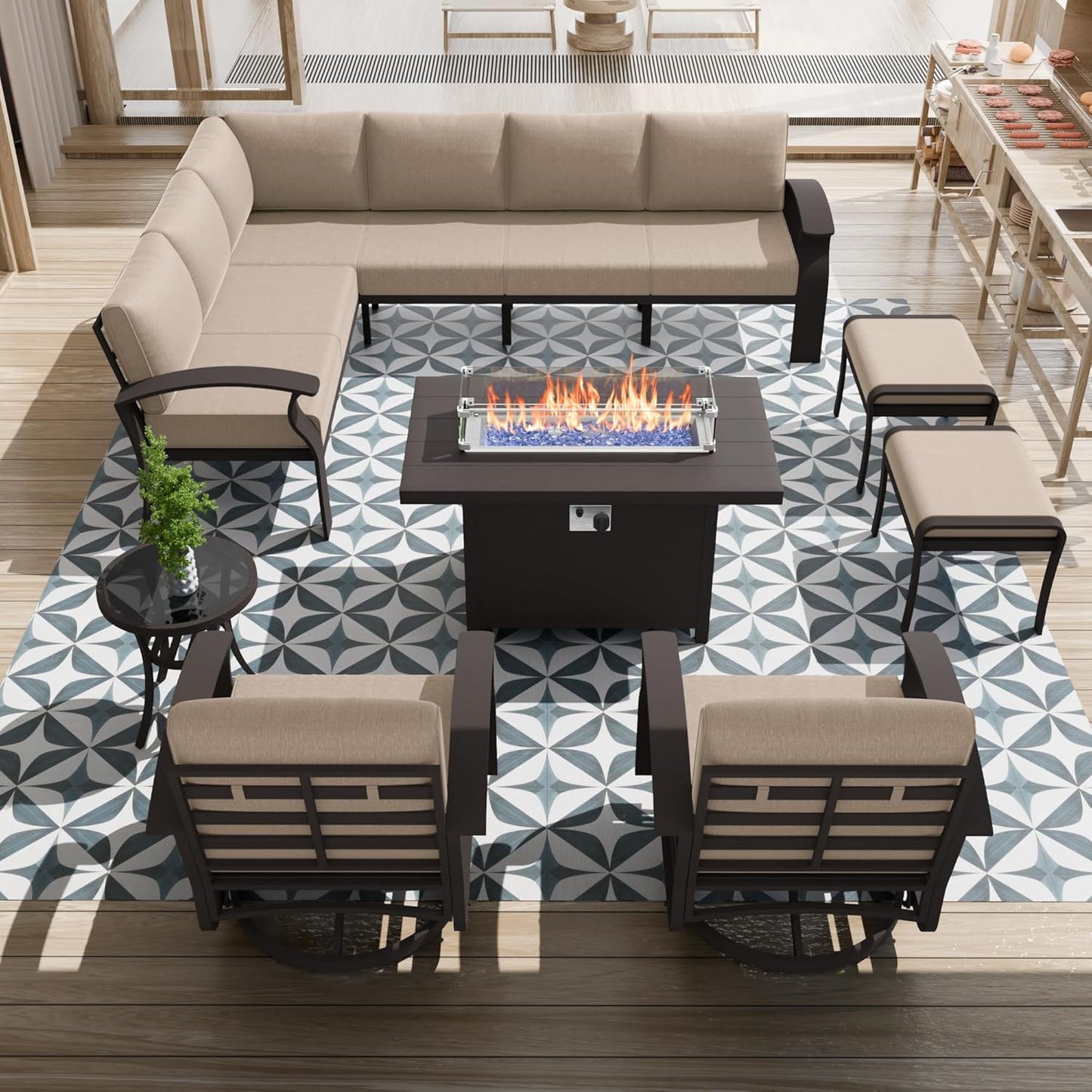 Aluminum Patio Furniture Set with Fire Pit Table, 10 Seats Outdoor Patio Conversation Set with Swivel Chair Modern Metal Patio Sectional Sofa with Coffee Table for Patio, Backyard(Sand).