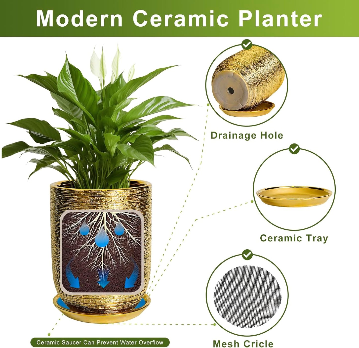 Ceramic Pots for Plants 12 Inch - Ceramic Planter for Indoor Outdoor Flowers, Cylinder Modern Flower Pot with Drainage Hole and Saucer, Patio Home Decor, Gifts for Plants Lovers, Gold
