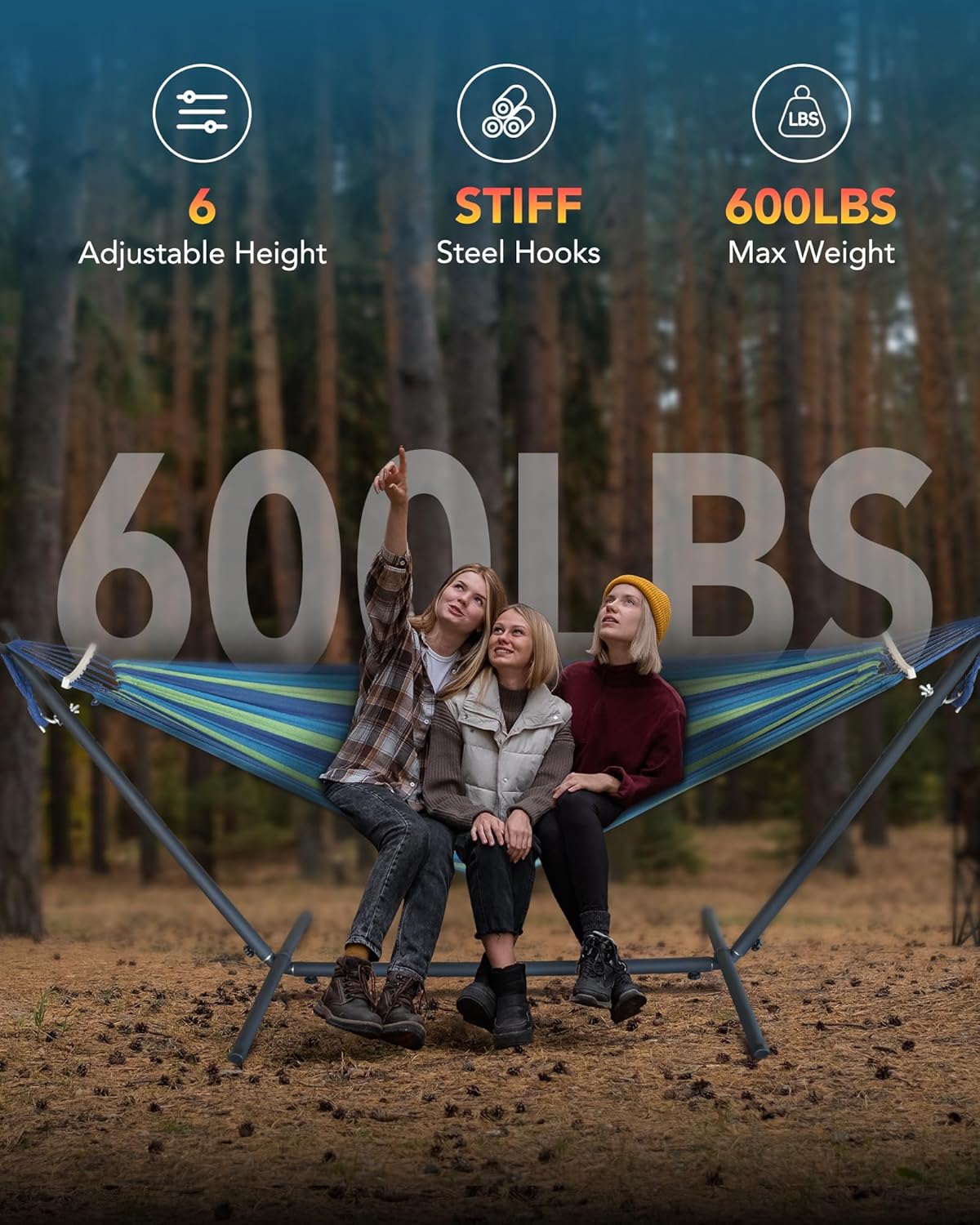 Double Hammock with Space-Saving Steel Stand, 2 Person Heavy-Duty Hammock for Garden, Yard or Outdoor, 600lbs Capacity, Wide Blue