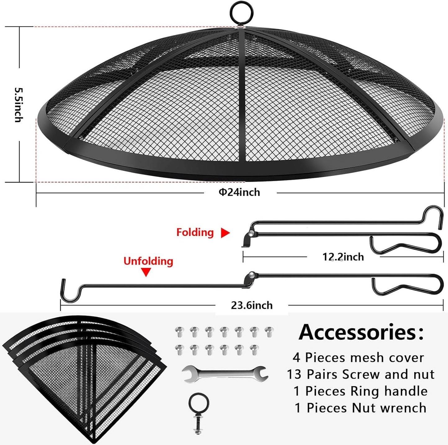 Fire Pit Spark Screen, Fire Pit Screen 24 Inch Round with Handle & Poker, Collapsible Heavy Duty Mesh Fire Pit Cover Fire Pit Lid for Outdoor/Patio/Backyard/RV Camping/Beach