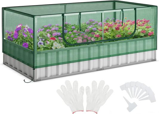 S AFSTAR Galvanized Raised Garden Bed with Greenhouse, 69” x 36” x 28” Bottomless Flower Bed w/Large Roll-up Window, 8PCS T Tags & Gloves, Outdoor Rectangular Planter Box Kit for Herb Vegetable Fruit