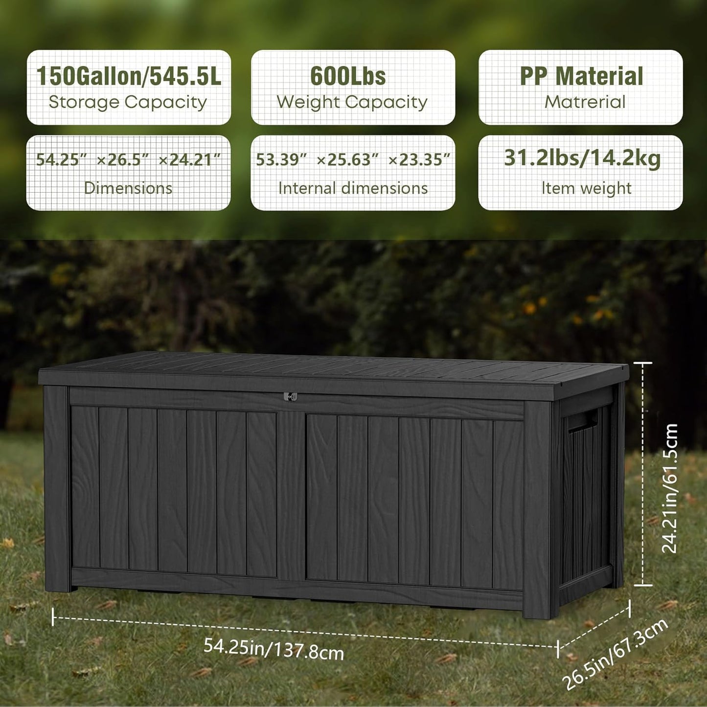 Extra-Large 150 Gallon Outdoor Chest Storage Waterproof - Outside Storage Box & Bench, Resin Deck Chest for Patio/Pool, Lockable UV-Resistant, Onyx Black