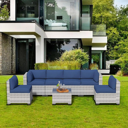 7 Piece Patio Furniture Set, Rattan Outdoor Patio Conversation Sets, Outdoor Sectional Furniture with Waterproof Cushion and Coffee Table, for Deck, Backyard, Garden, Dark Blue