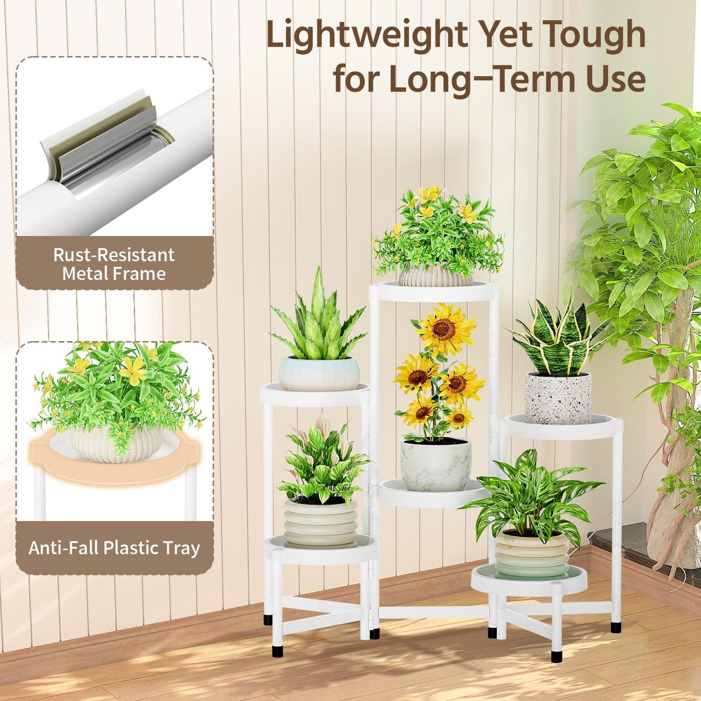 LASZOLA 6 Tiered Folding Plant Stand Indoor for Multiple Large Planter, Tall Heavy Duty Adjustable Rack with Rust Proof Plastic Shelving, Sturdy Vertical Tree Organizer for Narrow Inside Floor, White