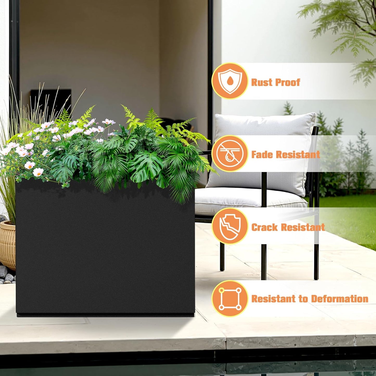 Rectangle Planter for Indoor & Outdoor, Tall and Long Planter Boxes with Drainage Holes, Mental Divider Planter Box All-Weather Use for Plants, Flowers, 29.9" L x 12" W x 24" H, Black