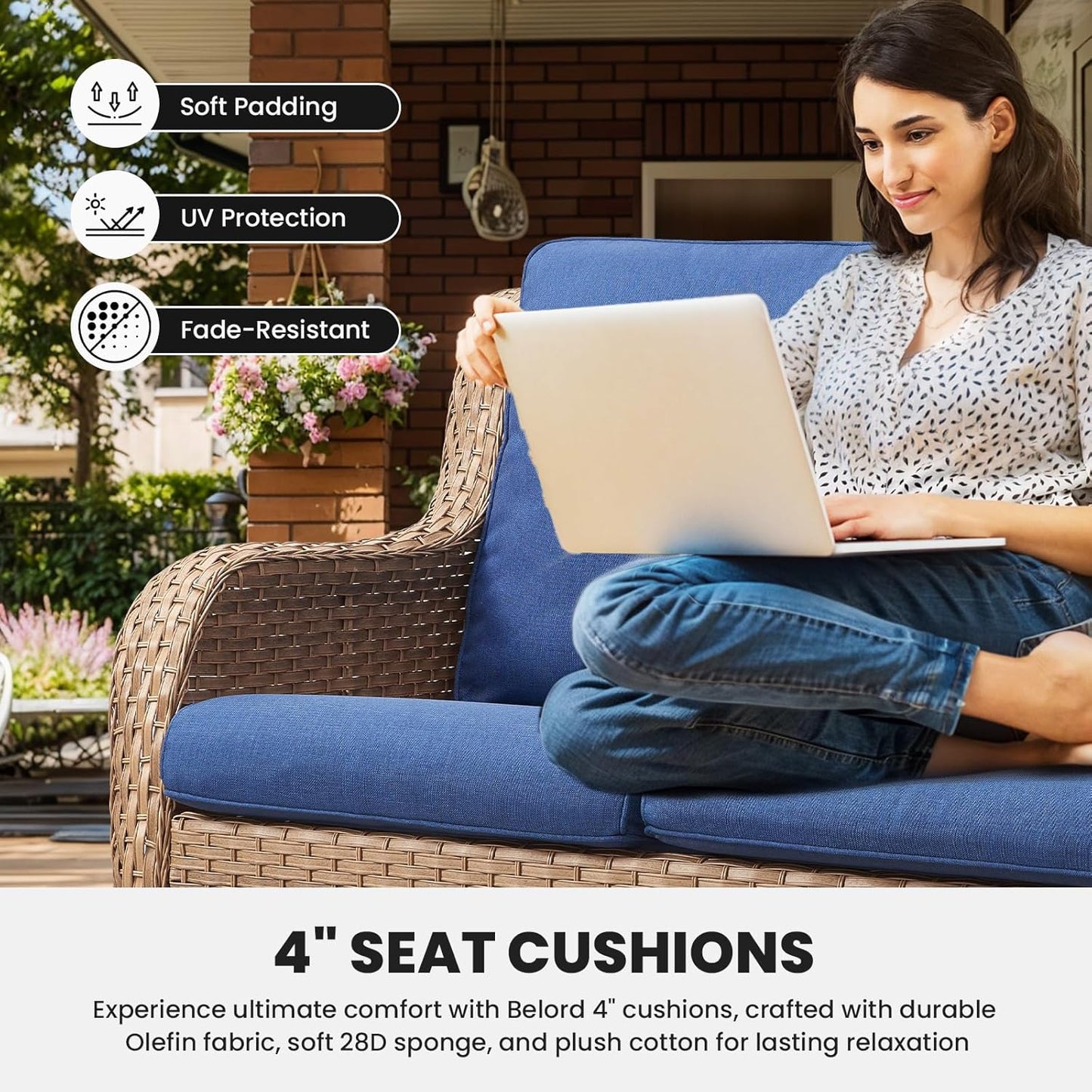 Outdoor Couch Wicker Patio Sofa - 75Inch Rattan Sofa with Hight Backrest Wide Armrest, All Weather Outdoor 3 Seater Seating Wicker Couch for Balcony Proch Deck Backyard Yellow/Blue