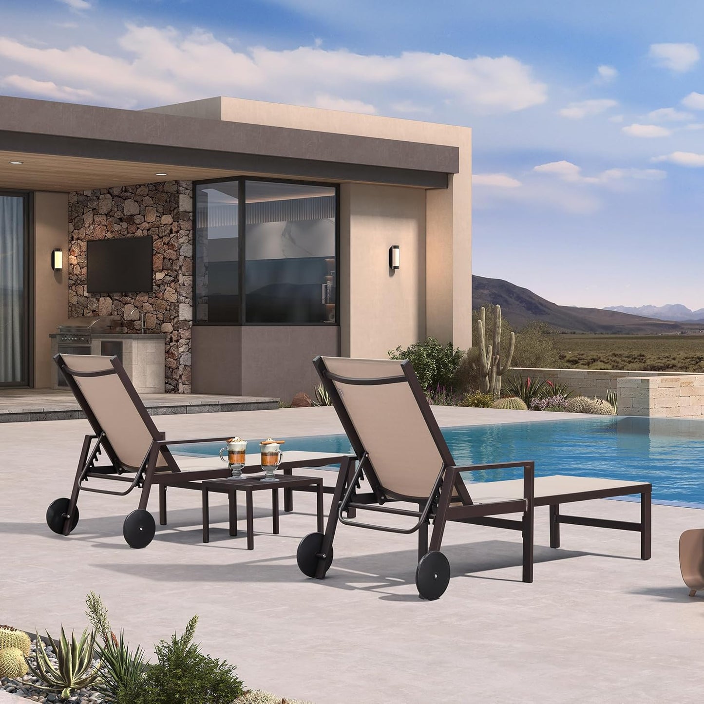 PURPLE LEAF Pool Lounge Chairs Set of 3 Aluminum Outdoor Lounge Chairs with Wheels and Armrests Adjustable Patio for Deck Outside Lawn Garden, Sand Beige