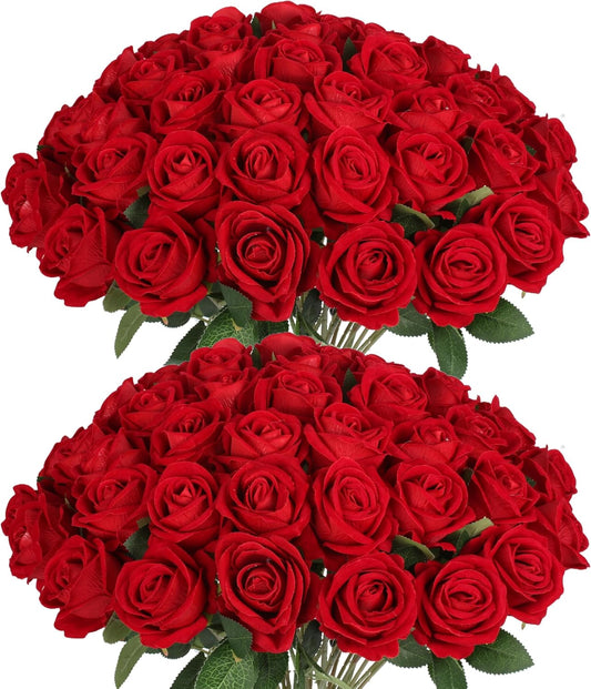 50 PCS Fake Red Roses, Artificial Red Flowers Bulk Realistic Silk Faux Rose with Stems for Wedding Decoration Anniversary Bridal Bouquet DIY Floral Arrangement Romantic Home Decor Gifts