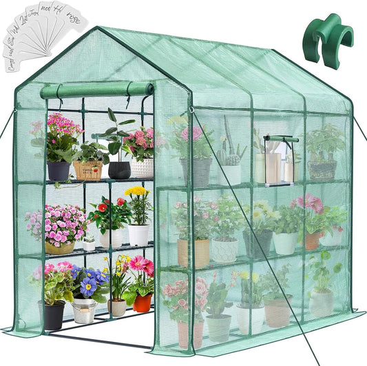 Greengro Greenhouse, 57 x 85 x 76'' Greenhouses for Outdoors, Portable Greenhouse Kit with Mesh Side Windows, PE Cover, 8 Shelves, Heavy Duty Walk in Green House for Backyard Garden Indoor Outside