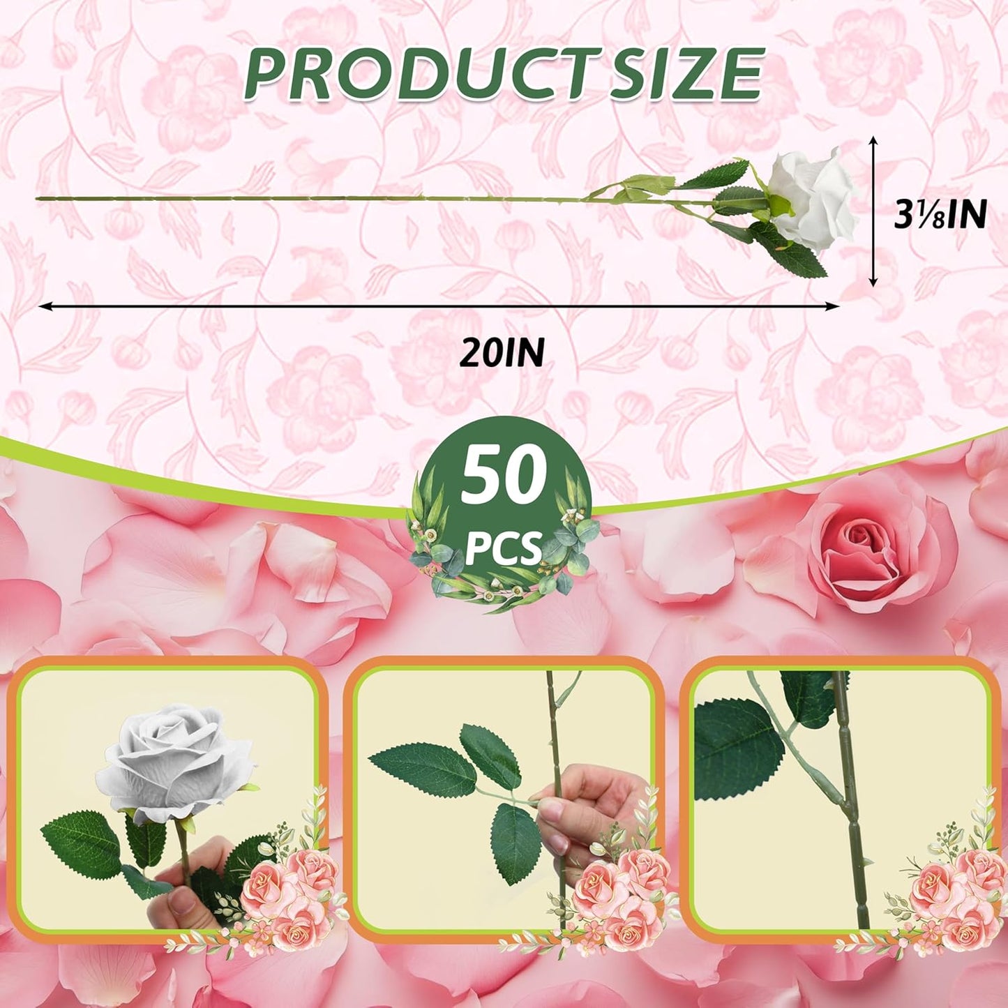 50 PCS Fake White Roses, Artificial White Flowers Bulk Realistic Silk Faux Roses with Stems for Wedding Decorations Table Centerpieces Bridal Bouquet DIY Floral Arrangement Event Party Home Decor