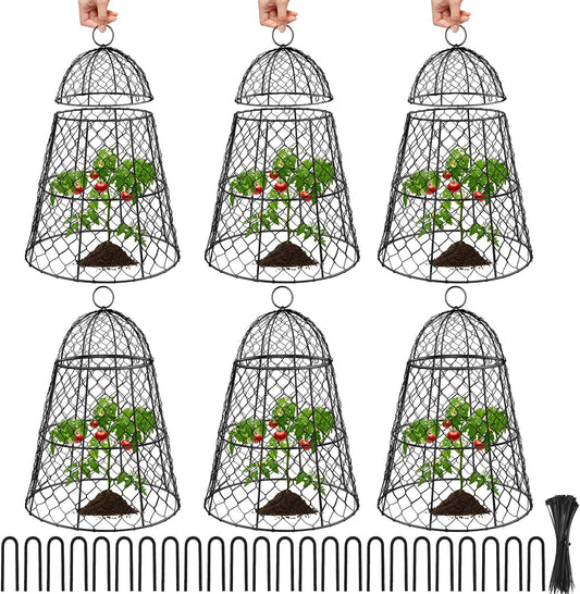 6 Pcs Garden Cloches for Plants, Metal Extra Large Chicken Wire Cloche Plant Covers, Garden Netting Plant Protectors from Animals to Keep Squirrel, Rabbit, Chicken and Bird Out 17" H x 13" D Black