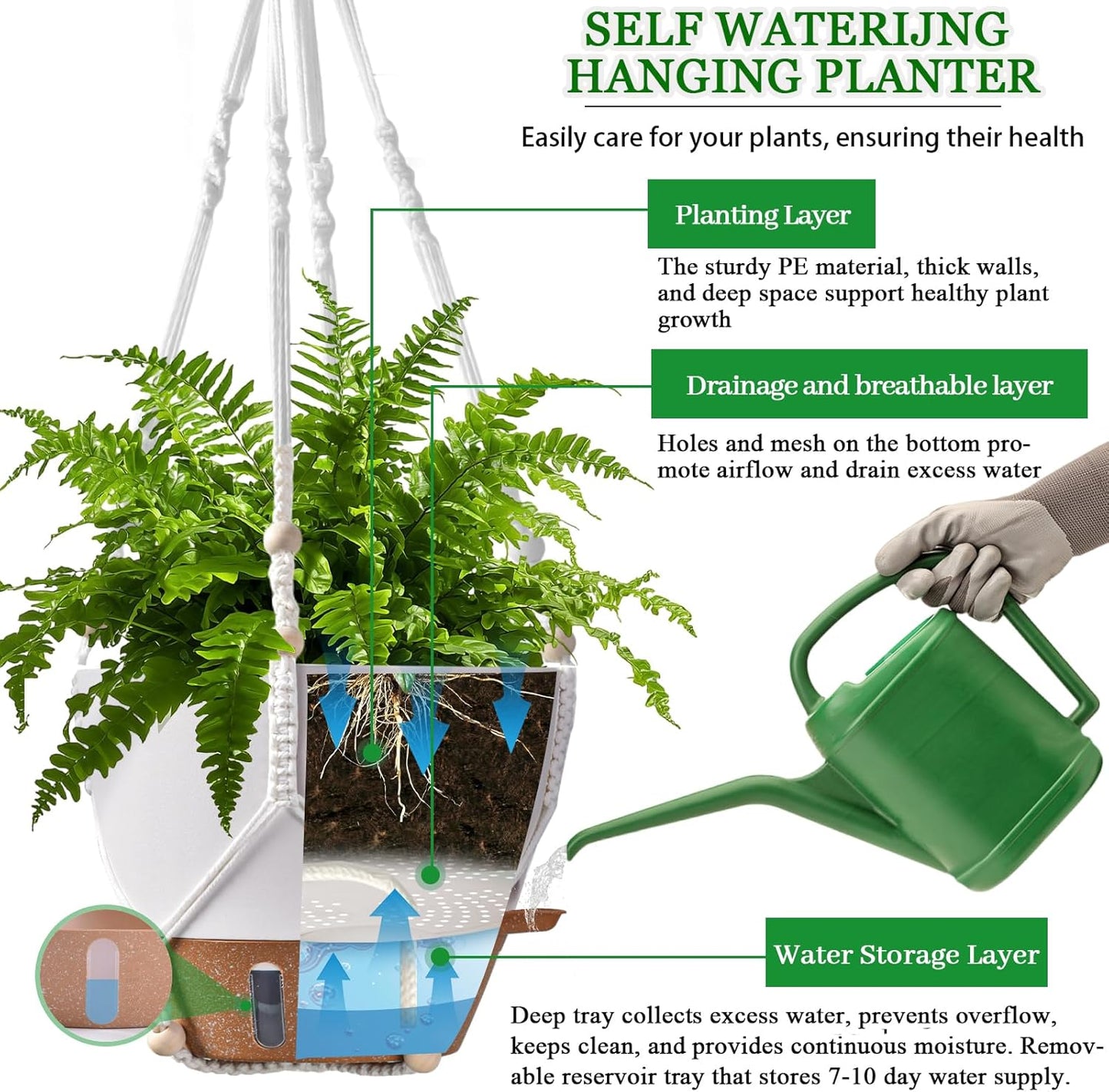 10 Inch Hanging Planters for Indoor Plants & Outdoor - 2 Pack Self-Watering Hanging Pots with Drainage Holes, Visual Reservoir, 2 Hangers - Self-Watering Hanging Baskets Flower Pots