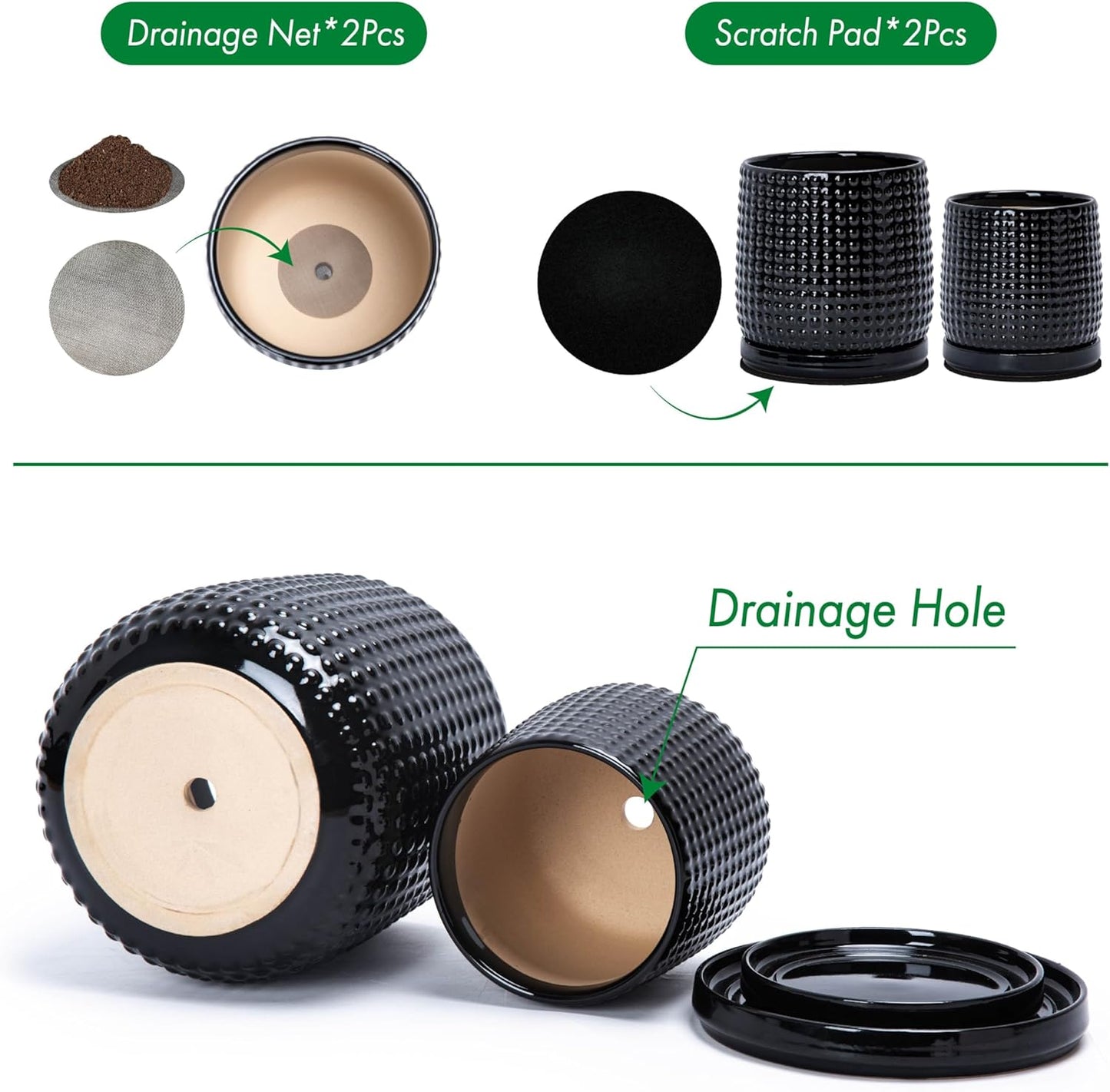 D'vine Dev 6 Inch 4 Inch Ceramic Indoor Planter Pots with Drainage Hole and Saucer, Beaded Design Flower Pots, Set of 2, Gloss Black, 27-D-U-2