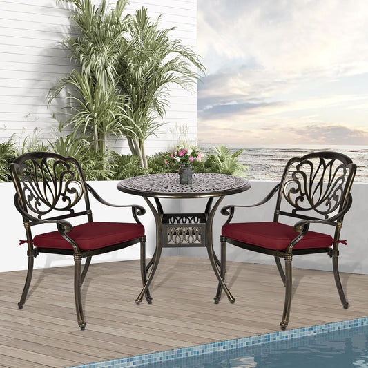 3-Piece Outdoor Patio Dining Set, All-Weather Cast Aluminum Patio Furniture Set for Backyard Garden Deck with 2 Cushioned Chairs and 35.4” Round Table, 2" Umbrella Hole, Chili Red