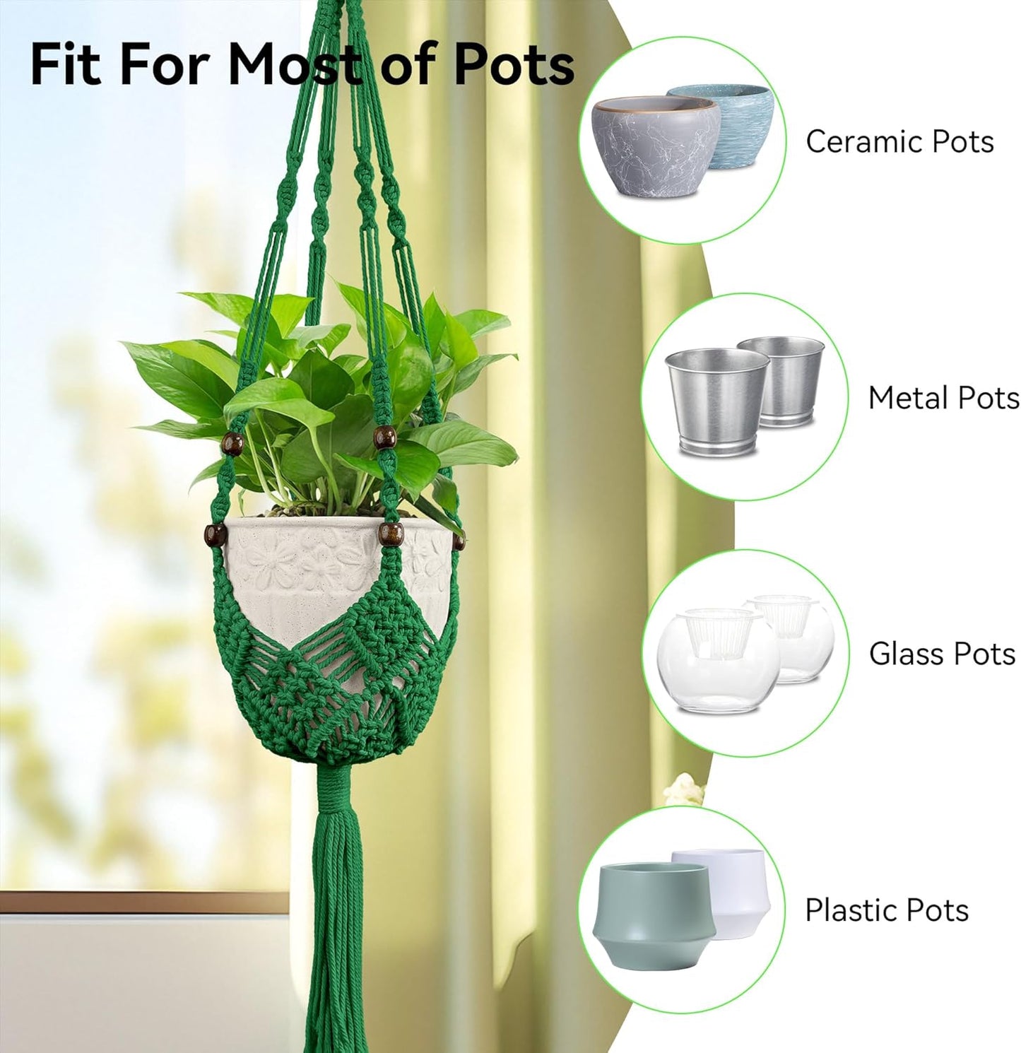 USLAI Macrame Handmade Basket Plant Hanger (2-Pack), for 3-8 Inch Pots, Indoor Outdoor Strong Hanging Planter Flower Pot Holder with Beads and Tassels, Boho Home Decor (POTS NOT Included) (Green)