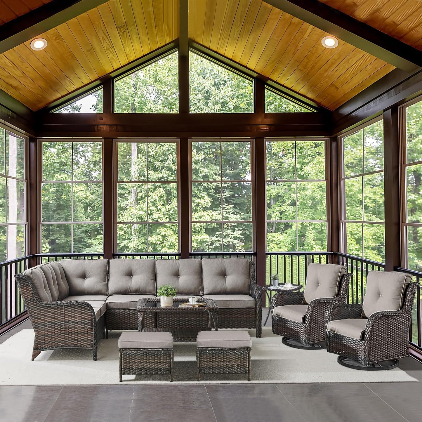 Outdoor Furniture Sectional Sofa L Shaped Couch - Patio Wicker Set with 2 Swivel Glider Chairs, 8 Piece Rattan Patio Conversation Sets with Gray Cushion for Deck Backyard Sunroom Grey Cushion