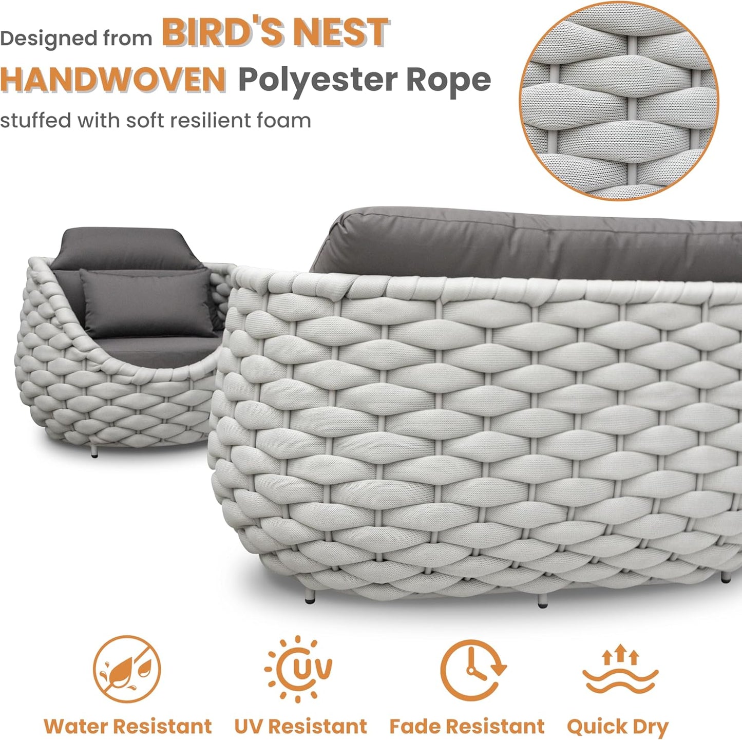 Rope Patio Furniture Set: 4 Pieces Aluminum Outdoor Couch Set Cushioned - Assembled Conversation Sofa Set Modern - Metal Porch Seating for 5 Person - All Weather for Deck Garden Poolside Hotel