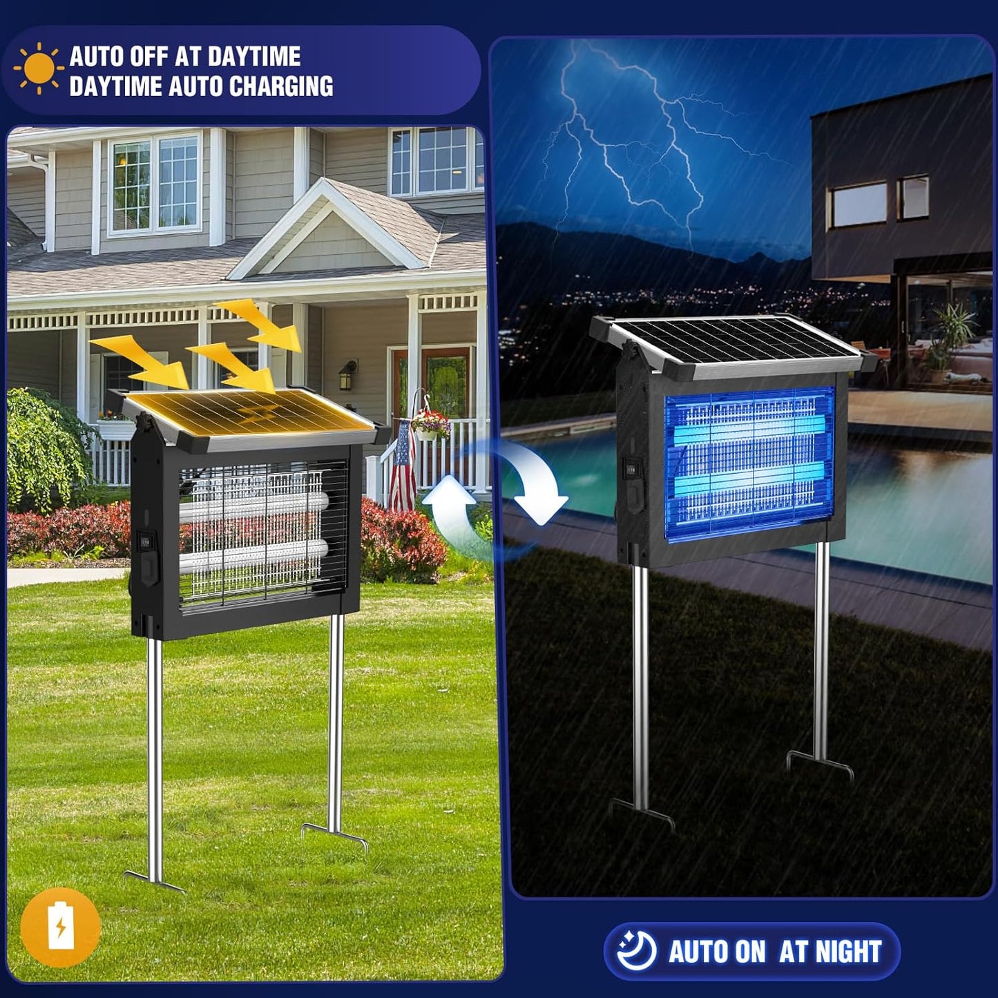 Solar Bug Zapper Outdoor, 4500V Mosquito Zapper Waterproof with Panel Sensor Electric Fly Zapper Rechargeable Mosquito Killer with 10FT Extension Cord, Fly Trap Ideal for Patio, Backyard, Camping